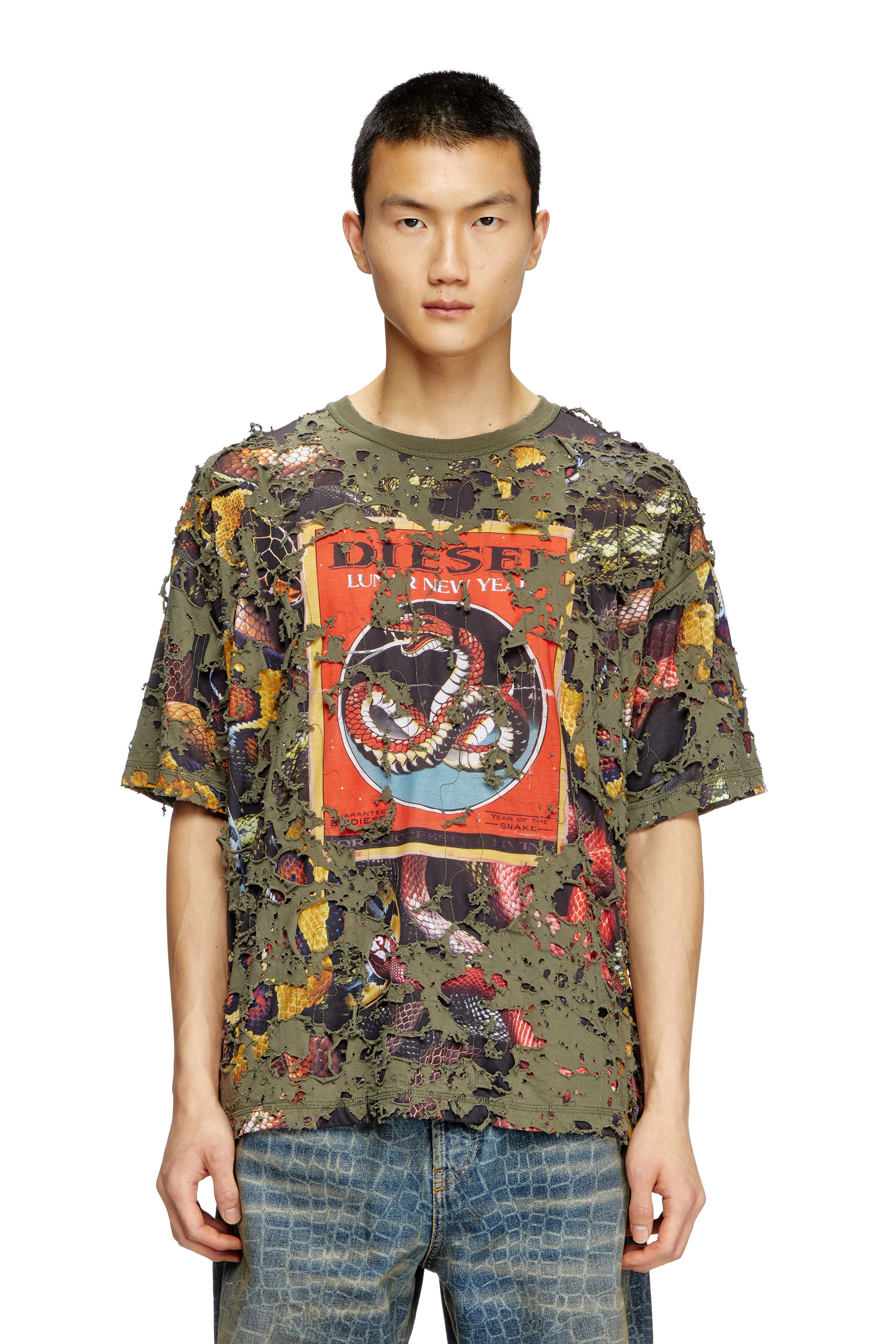 Diesel - CL-T-BOXT-DEVOR-SNAKE, Unisex T-Shirt mit Schlangen-Print und Destroyed-Overlay in Olivgrün - 1