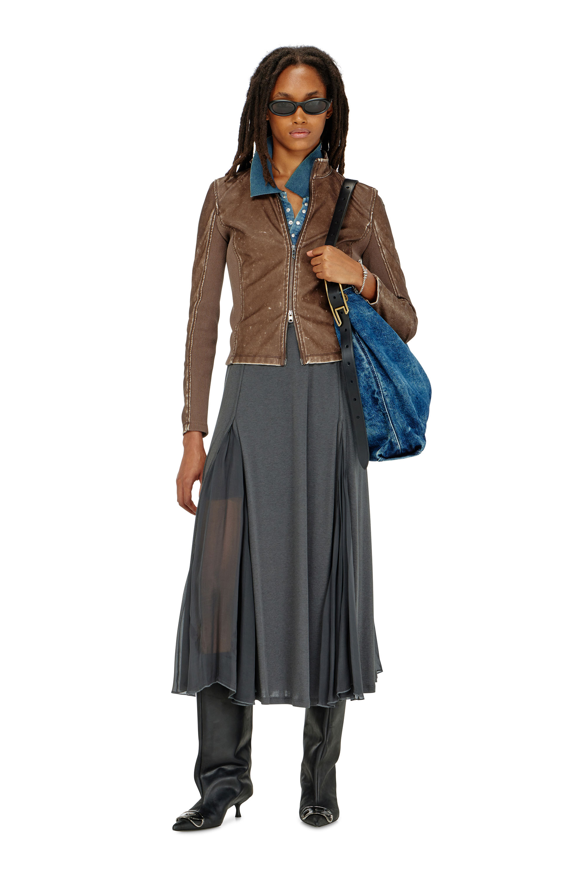 Diesel - O-LONGREI, Damen Midirock aus Rippjersey und Chiffon in null - 1
