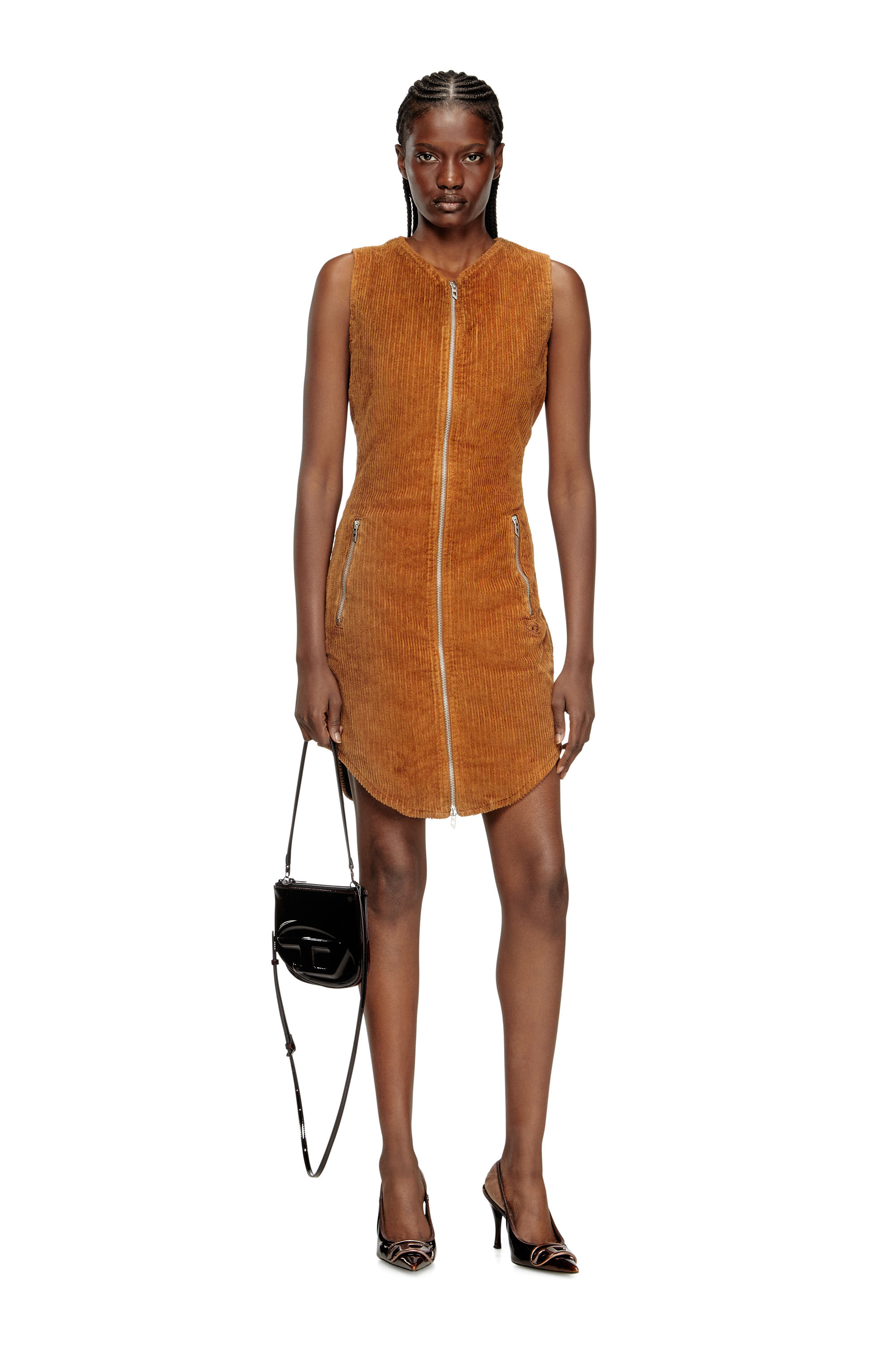 Diesel - D-ENEA, Damen Minikleid aus Baumwolle mit Frontreißverschluss in Braun - 1