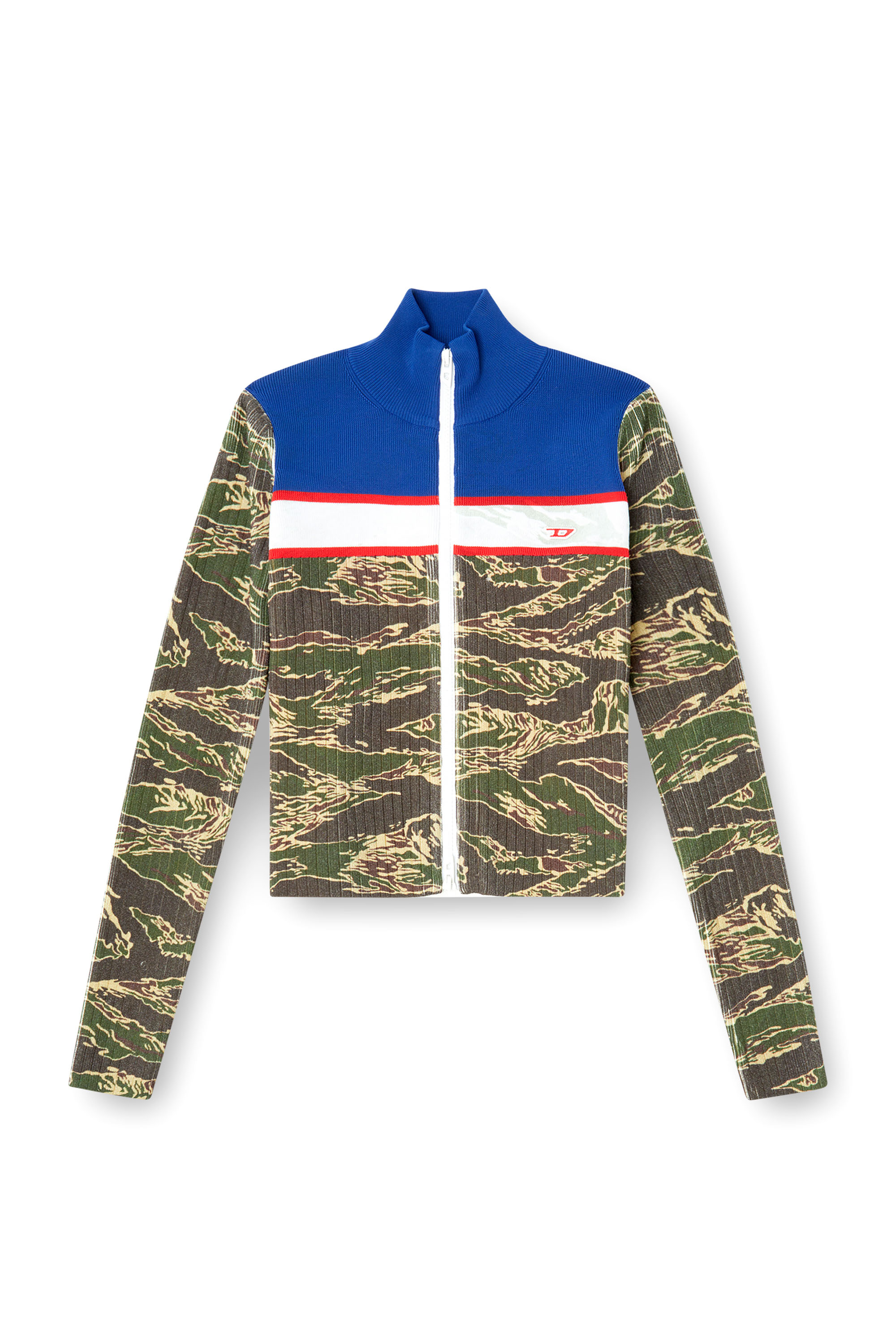 Diesel - M-CAMUT, Damen Pullover aus gerippter Viskose mit Camo-Reißverschluss in Blau/Grün - 3