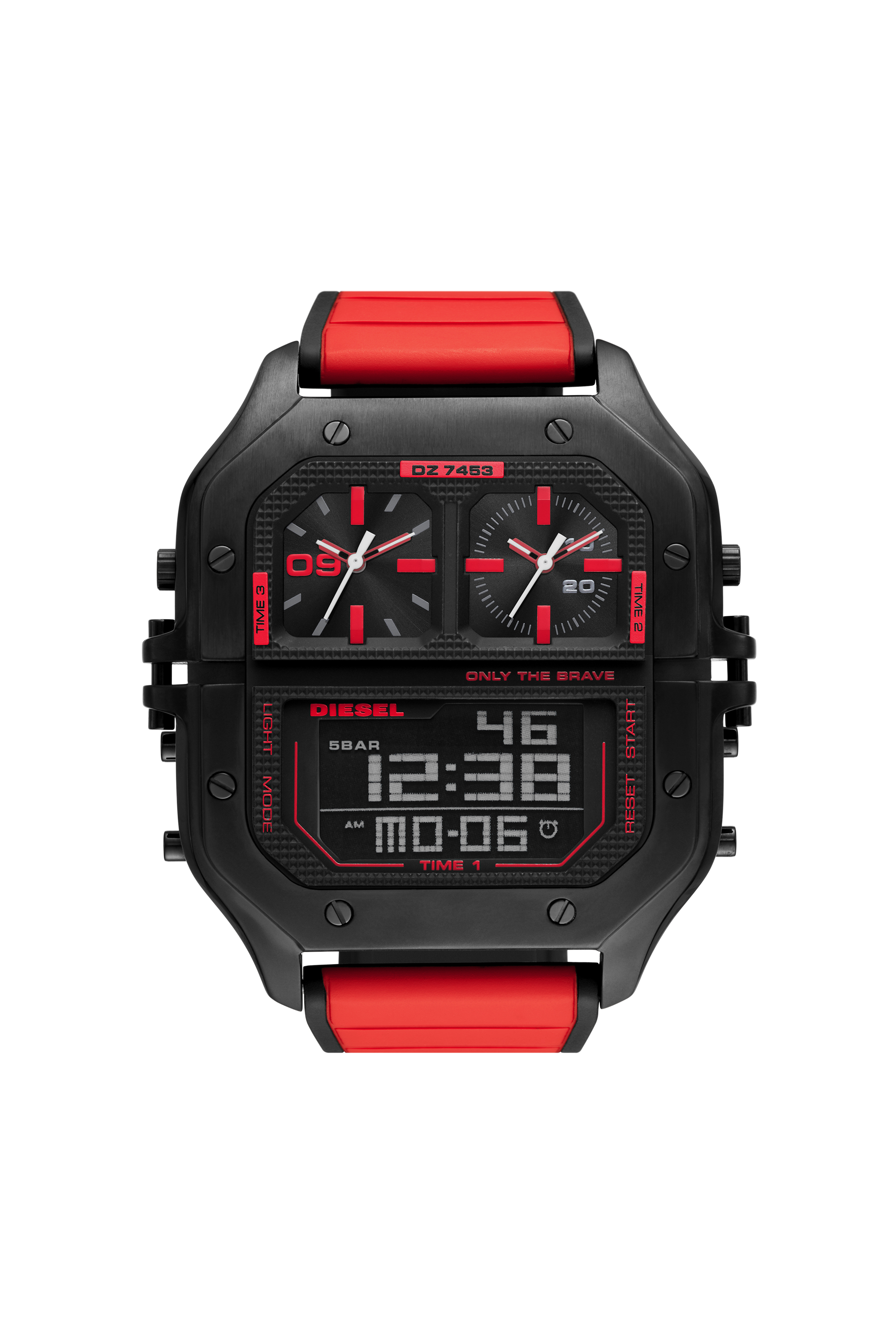 Diesel - DZ7453, Herren Clasher Armbanduhr Analog-Digital mit rotem Silikonarmband in Rot - 1