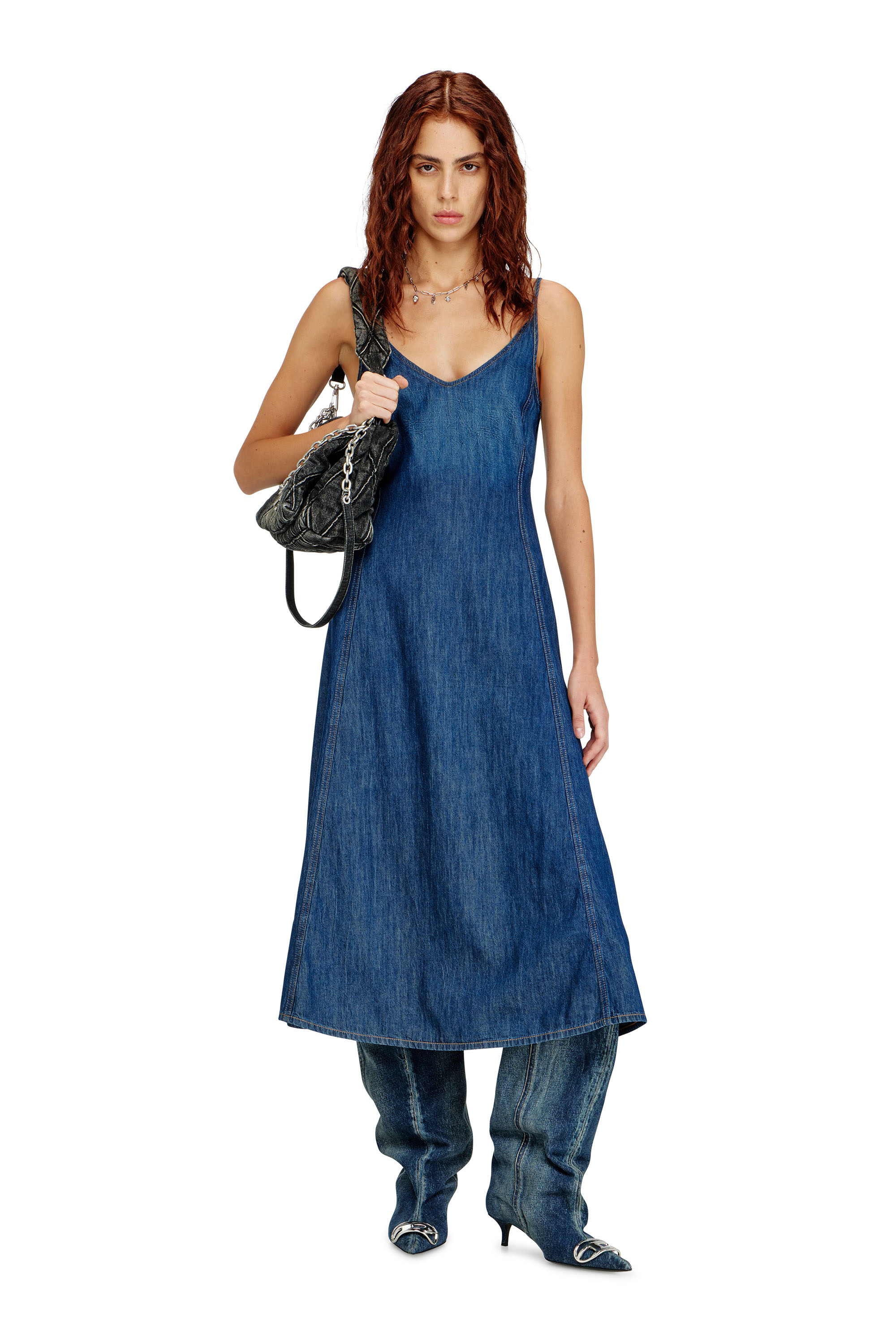 Diesel - DE-BELD-D, Damen Midikleid aus Clean-Wash-Denim in Mittelblau - 2
