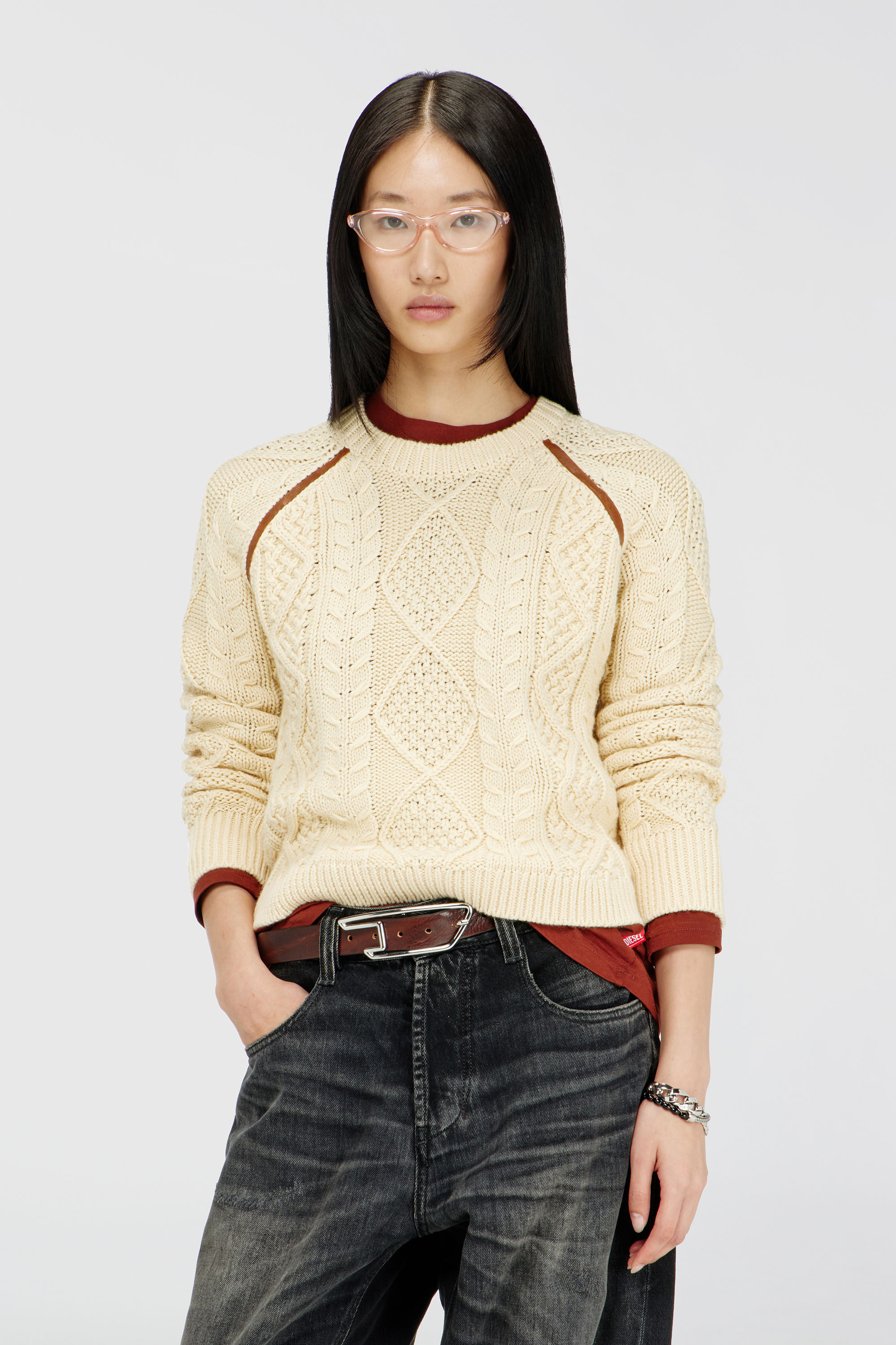 Diesel - M-INTANA, Damen Zopfpullover mit kontrastierenden Streifen in Beige - 1