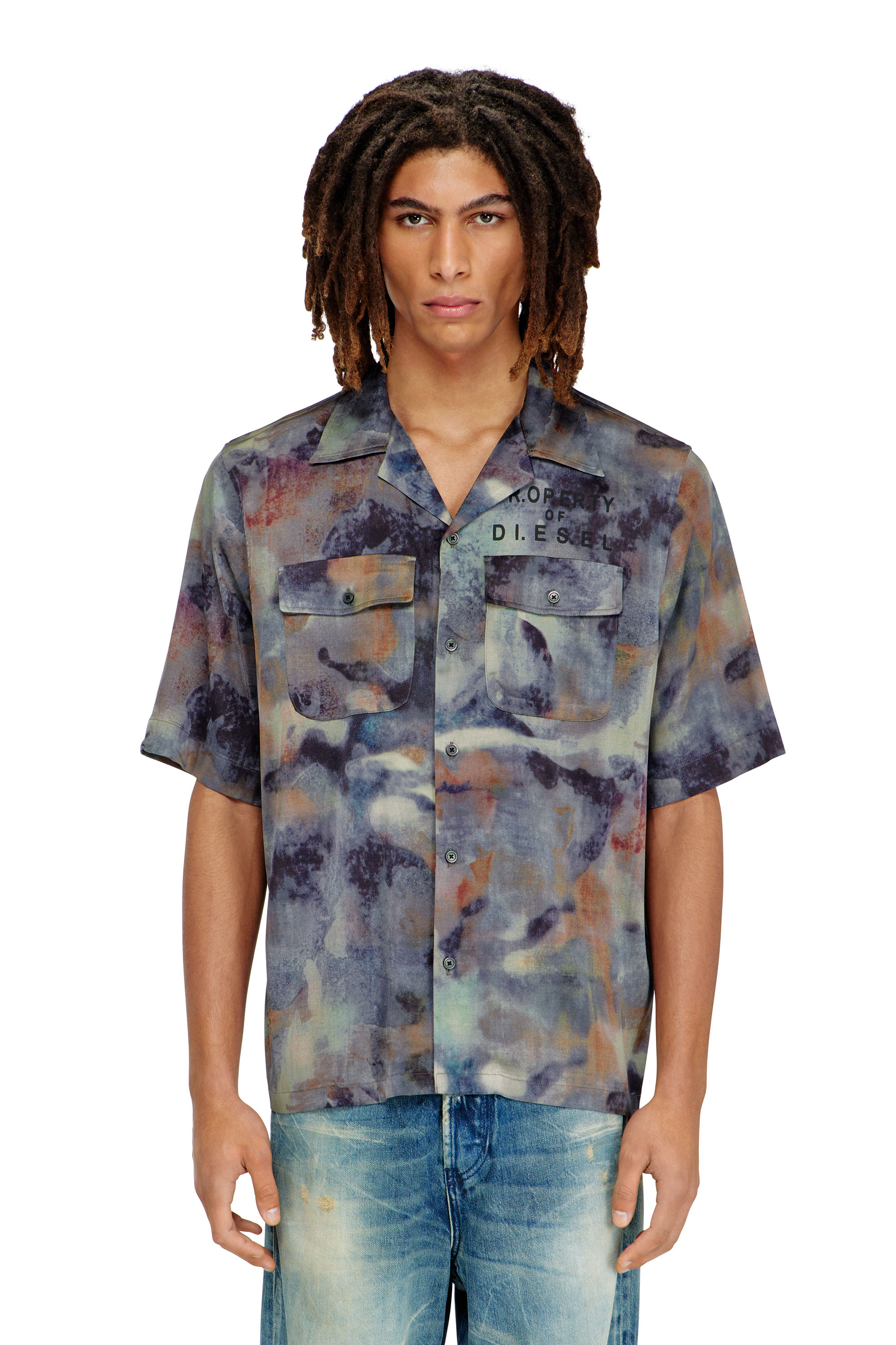 Diesel - S-BRACK-DMBN, Herren Satinhemd mit Allover-Camouflage-Print in Blau/Braun - 1