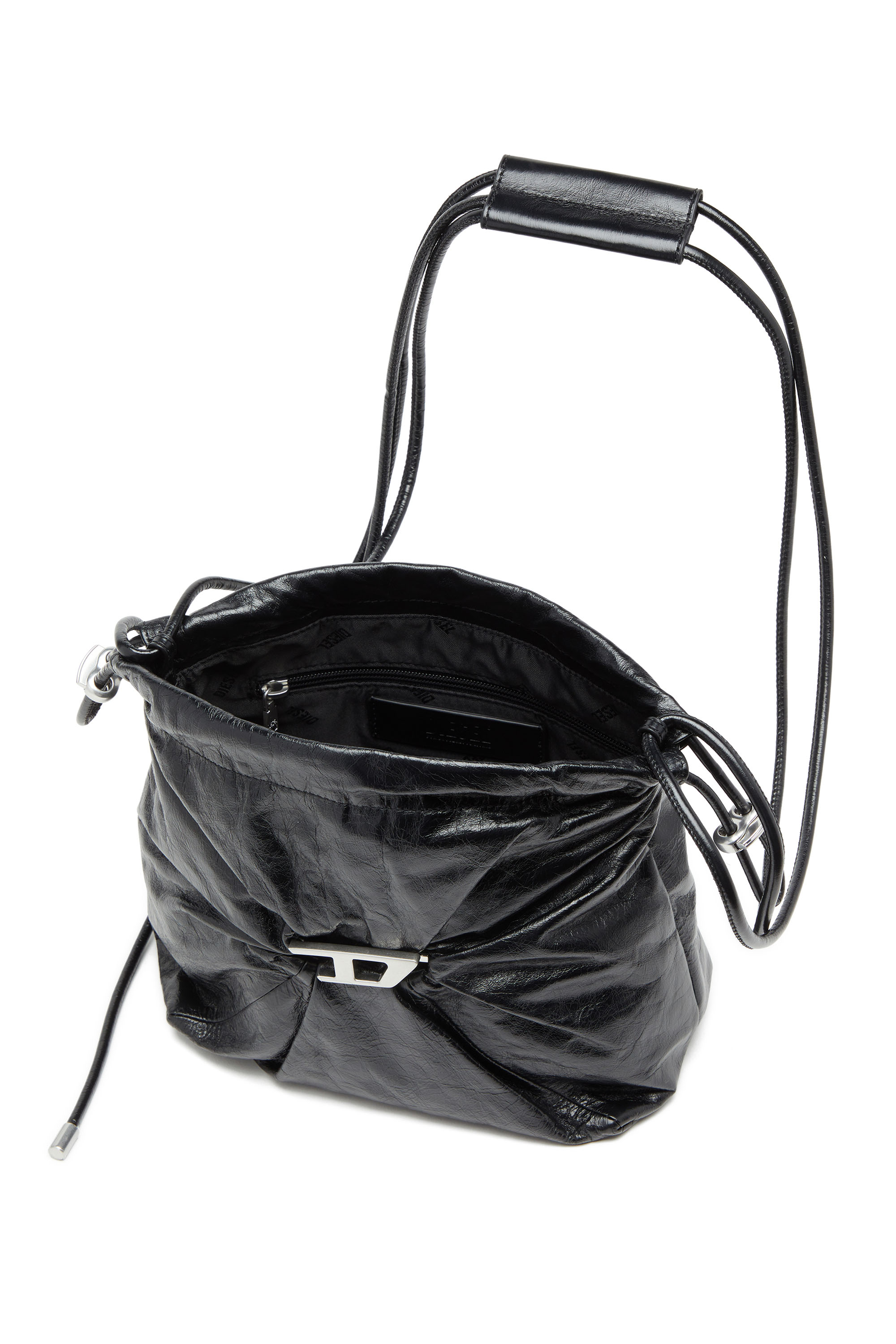 Diesel - SCRUNCH-D BUCKET, Damen Scrunch-D-Beuteltasche aus glänzendem zerknittertem Leder in Schwarz - 4