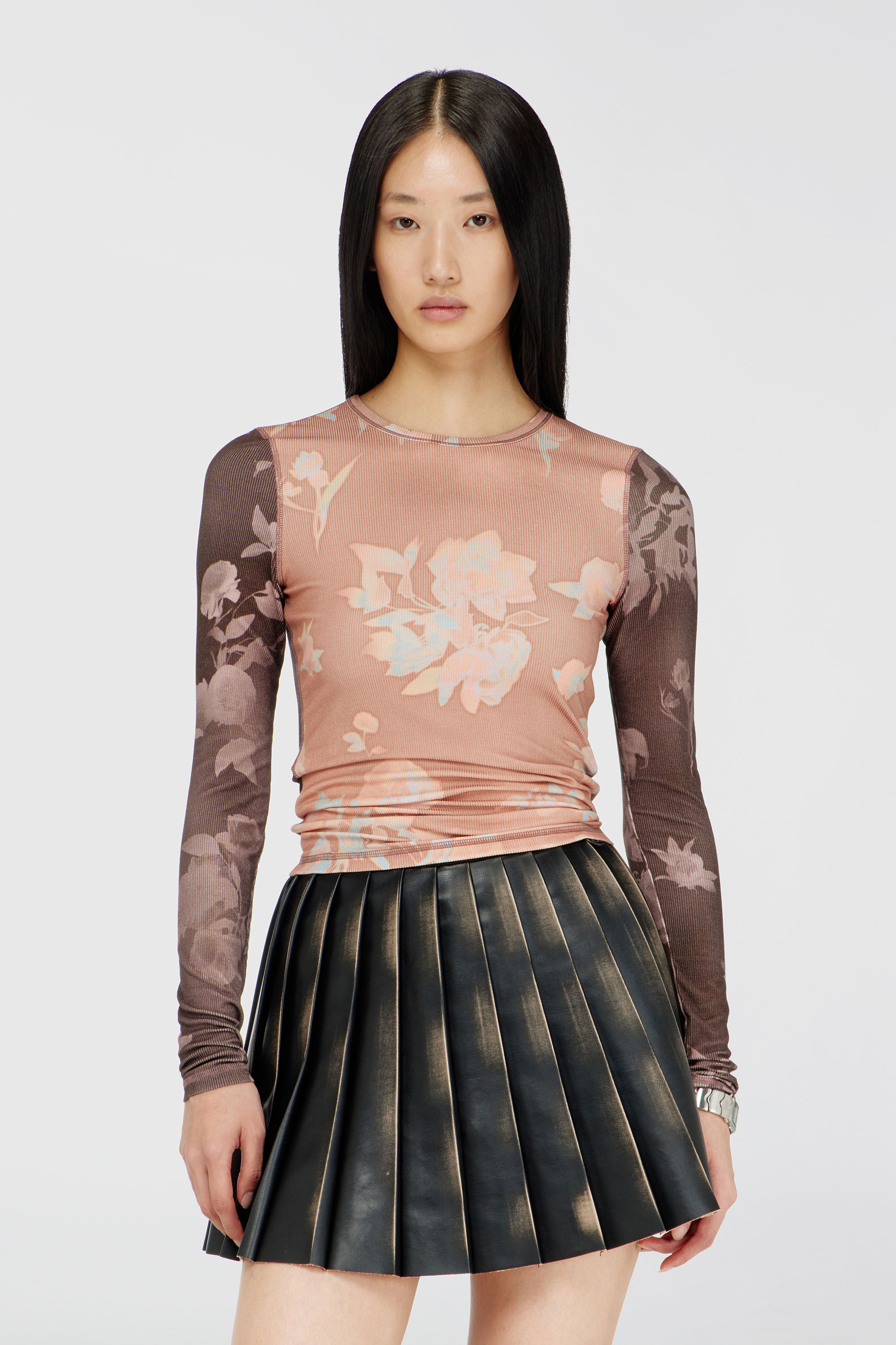 Diesel - T-MOKY-LS, Damen Top aus geripptem Jersey mit Blumenprint in Rosa - 3