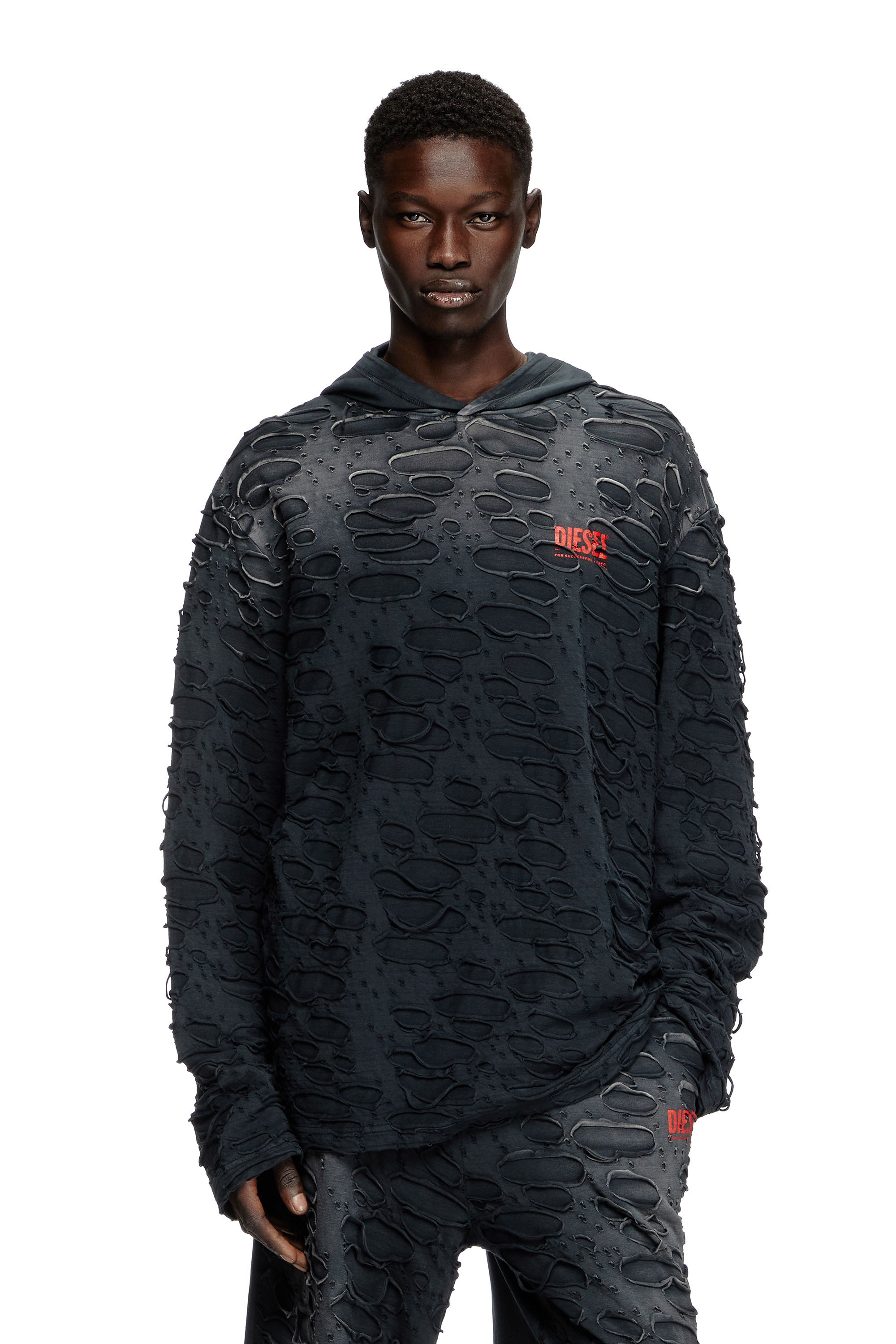 Diesel - T-CRANE-LS-HOOD, Man's Hooded long-sleeve T-shirt with holes in Black - 3