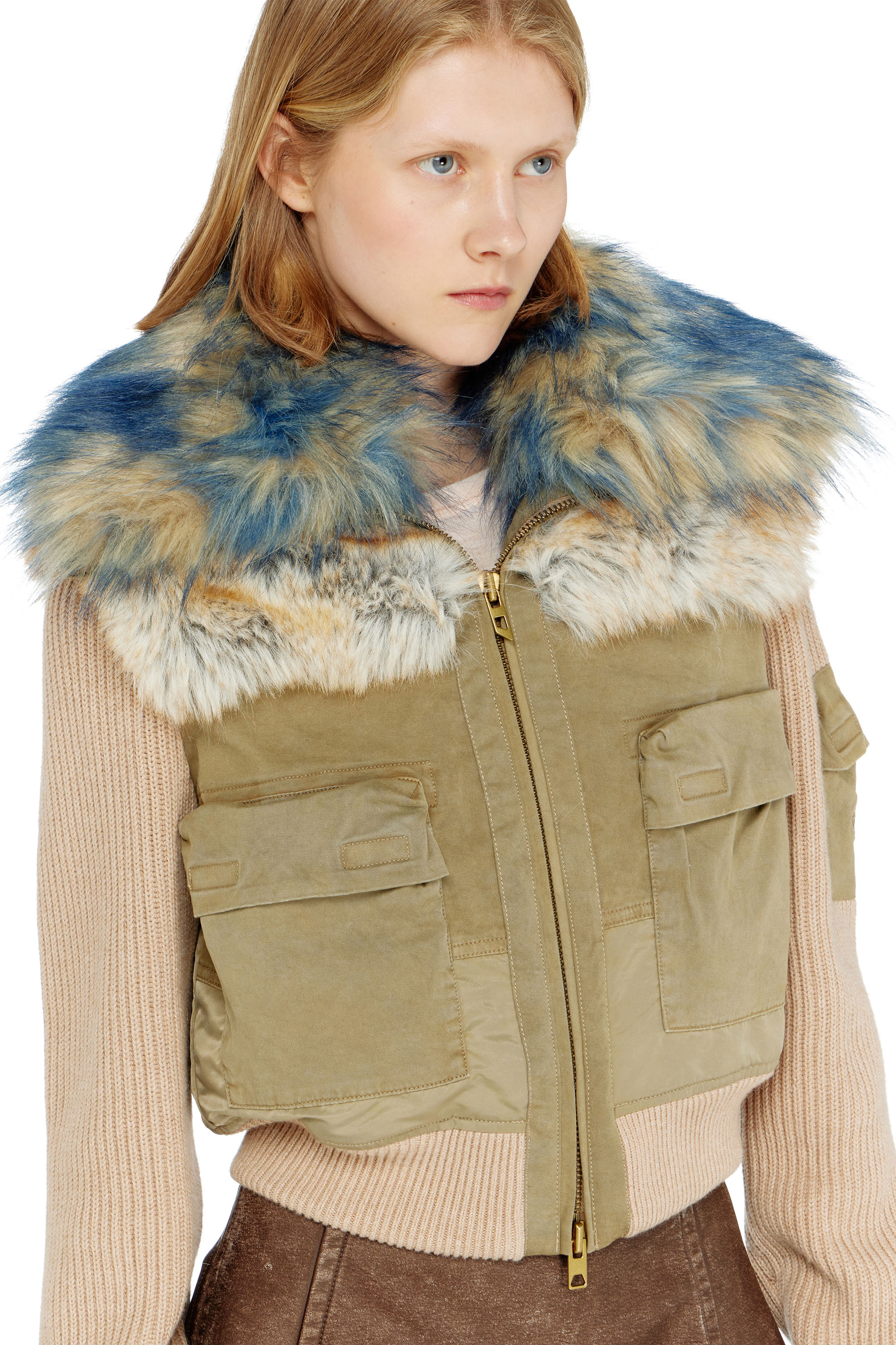 Diesel - G-USTAV, Damen Bomberjacke mit Rippstrick- und Pl&uuml;schbesatz in Beige - 5