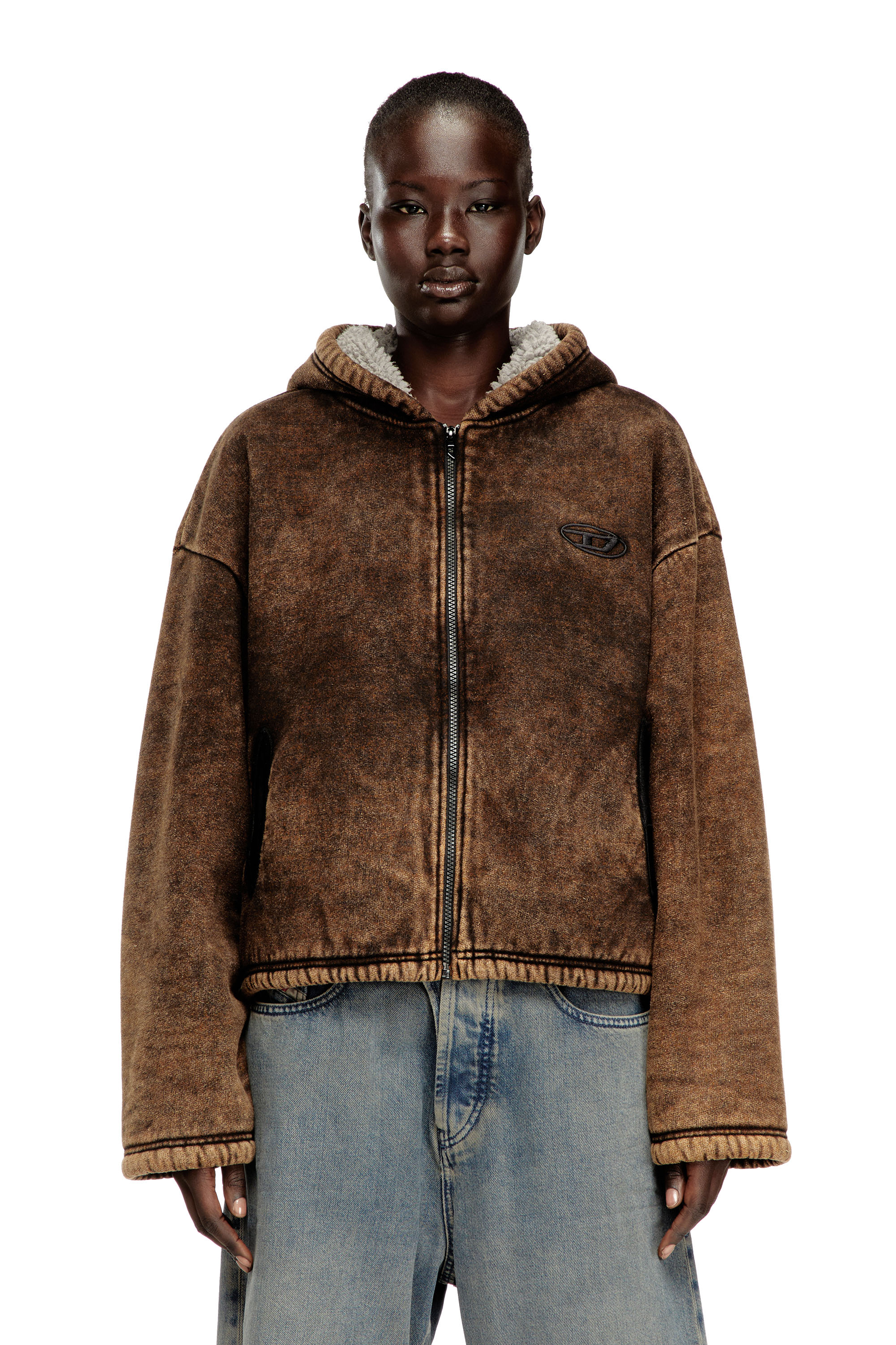Diesel - F-ELLA, Damen Acid-Wash-Kapuzenjacke mit Teddyfutter und Reißverschluss in null - 1