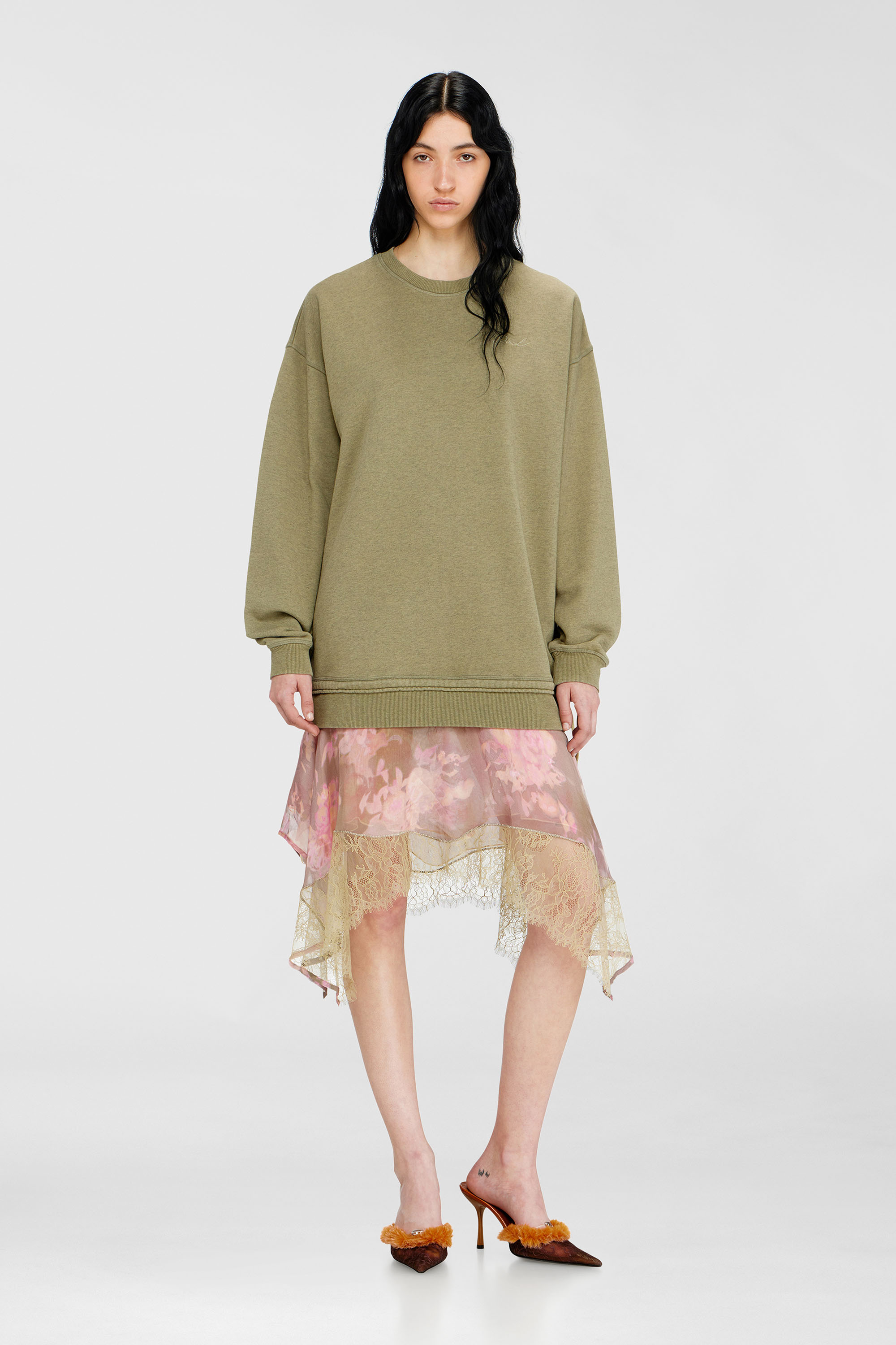 Diesel - D-ORELY, Damen Sweatshirt-Kleid mit Chiffon- und Spitz Rock in Rosa/Gr&uuml;n - 1
