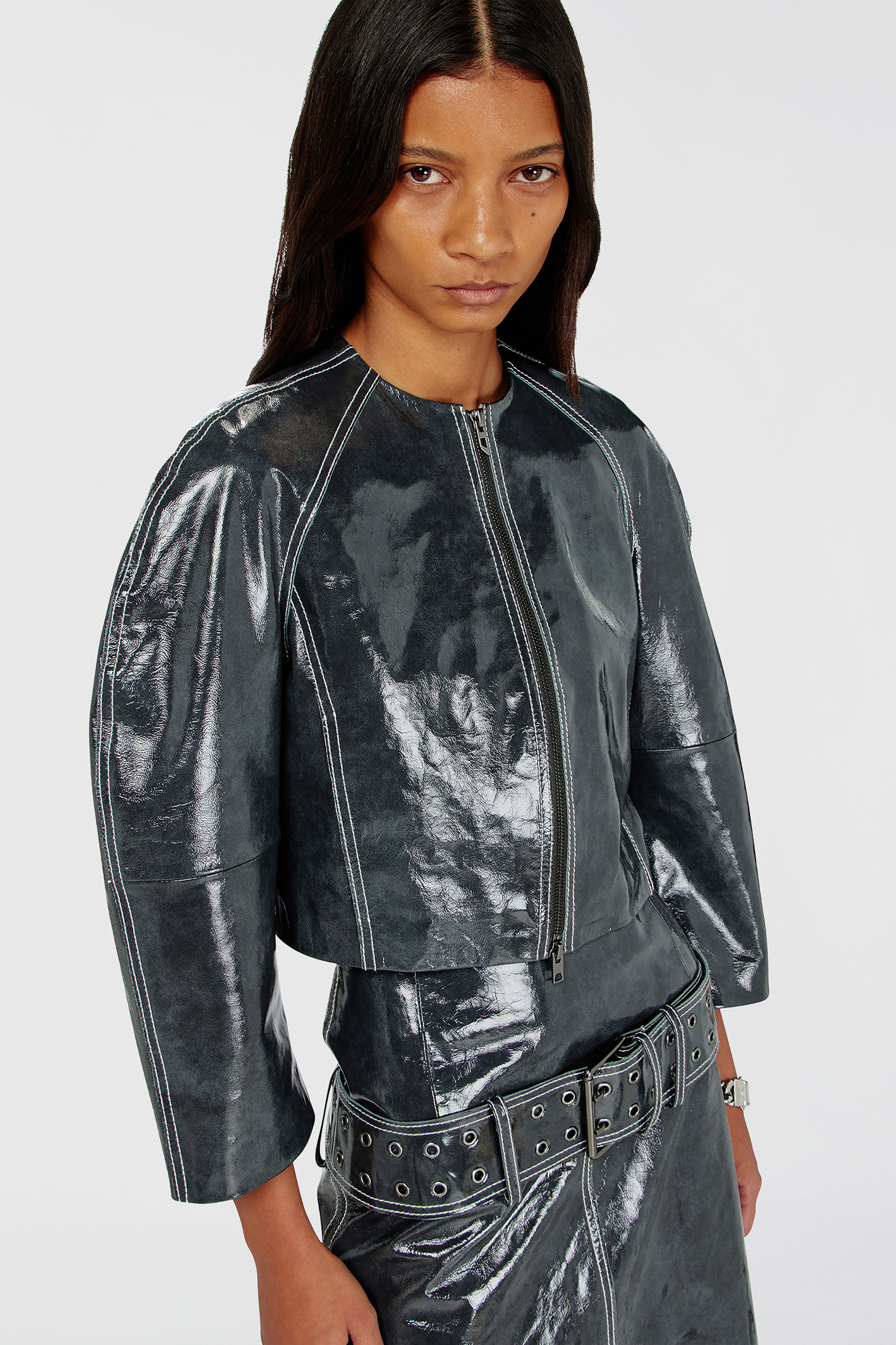 Diesel - L-ANDON, Damen Patent-leather jacket mit Cocoon-&Auml;rmeln in Dunkelgrau - 5