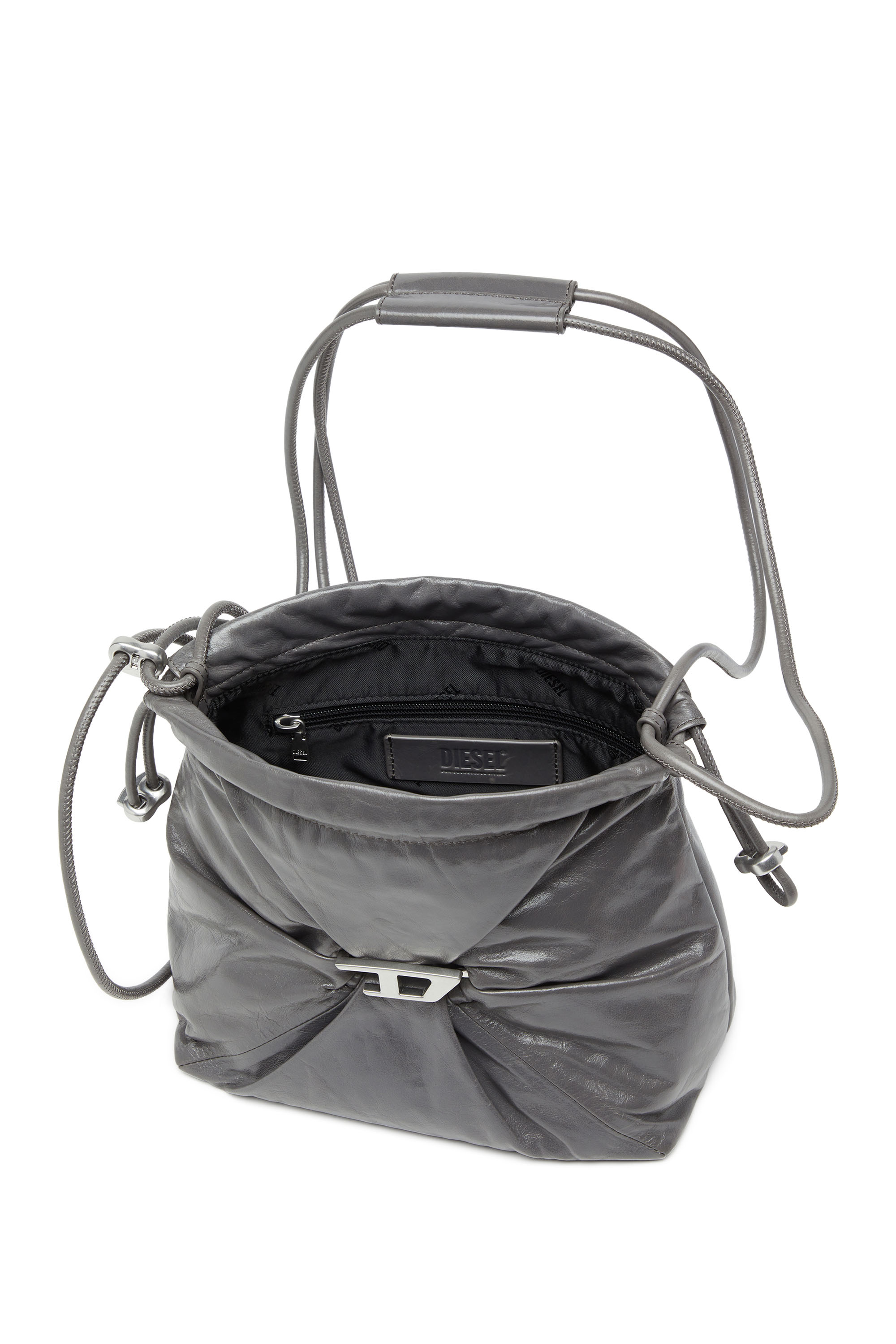 Diesel - SCRUNCH-D BUCKET, Damen Scrunch-D-Beuteltasche aus glänzendem zerknittertem Leder in Grau - 3