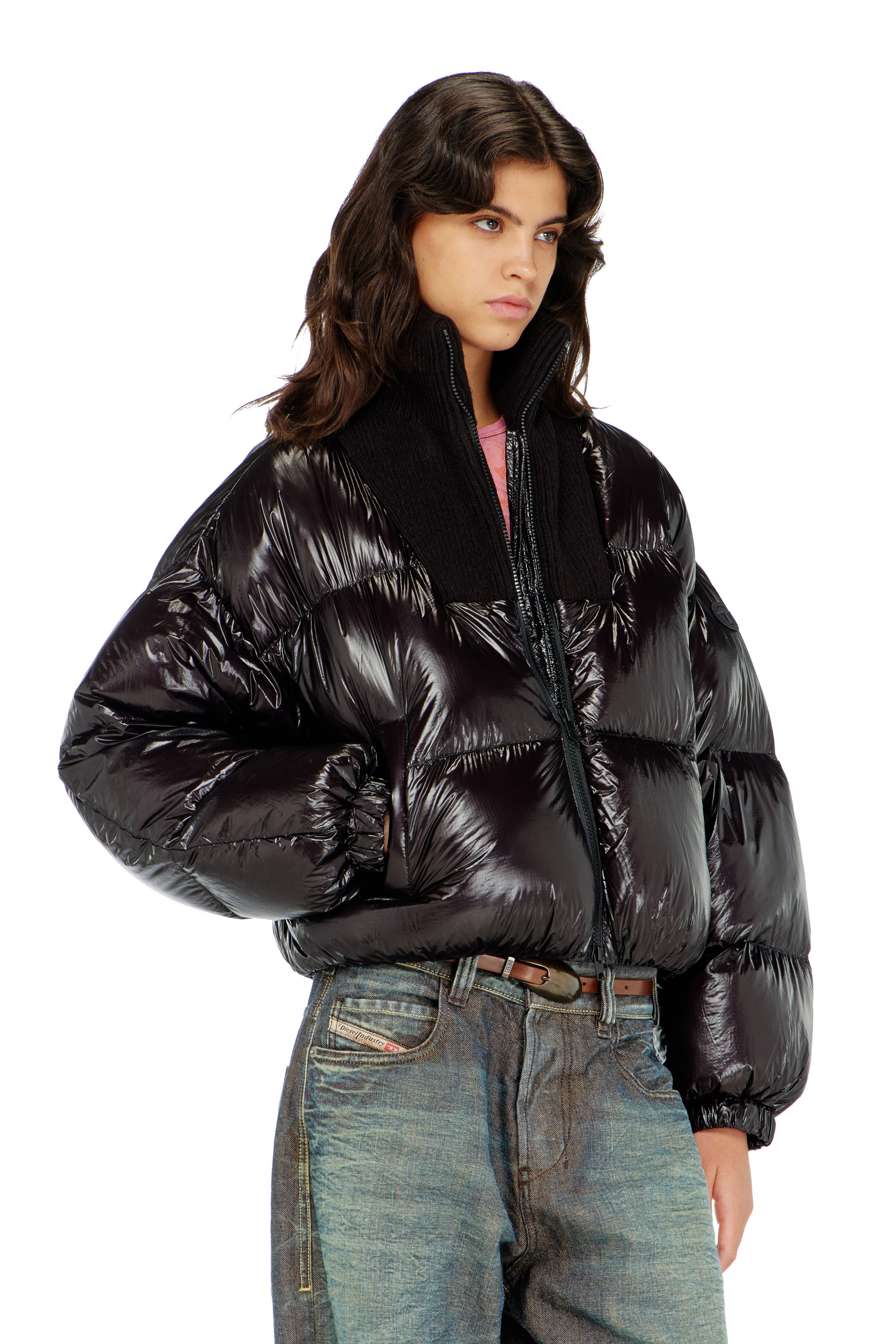 Diesel - W-ARRIOR, Damen Daunen-Steppjacke aus Ripstop mit Strickkragen in Schwarz - 1