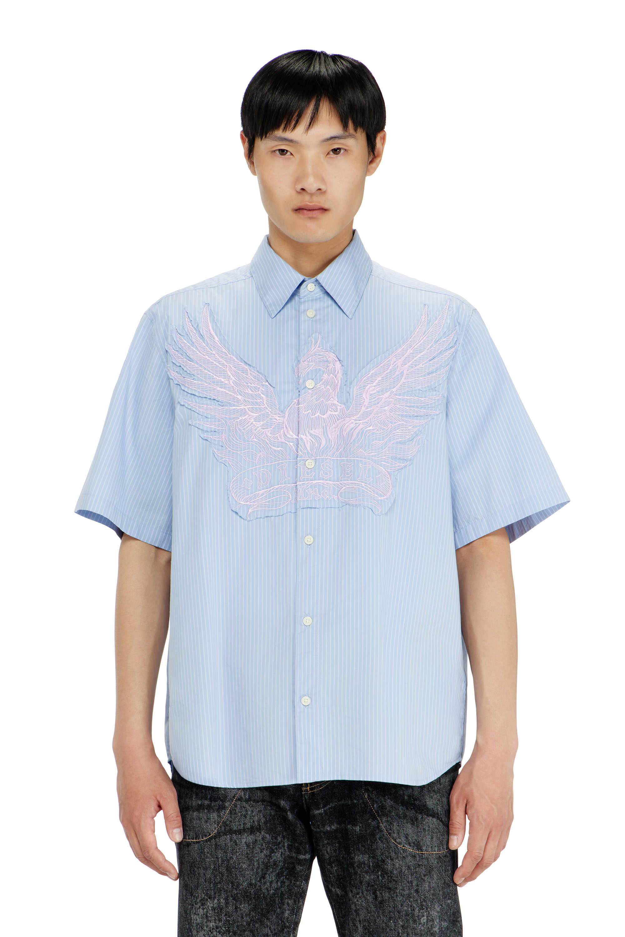 Diesel - S-SIMPLY-SS-AGCZ, Man's Striped poplin shirt with embroidered patch in Light Blue - 3