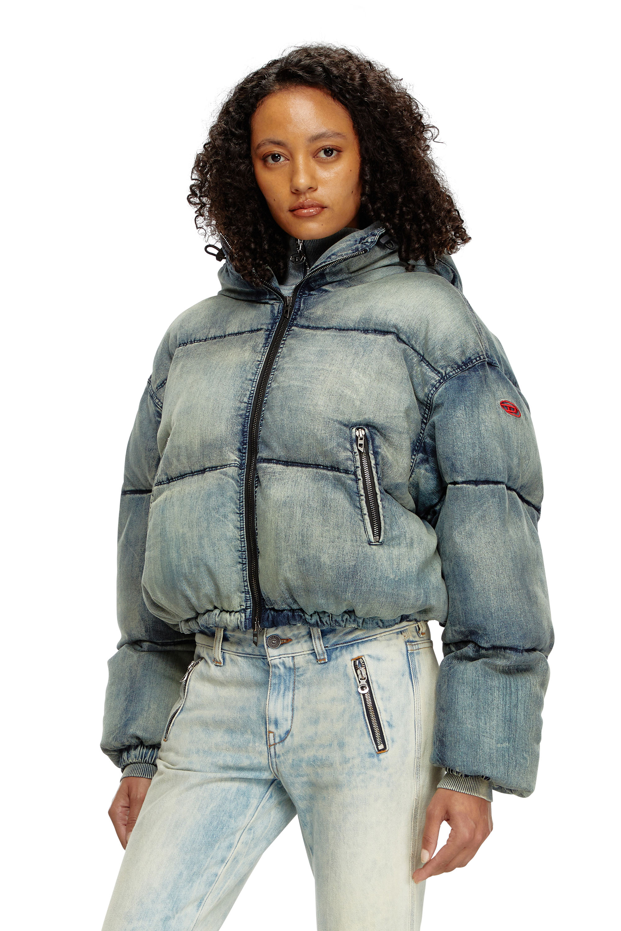 Diesel - W-AVES, Damen Verkürzte Pufferjacke mit Kapuze aus Denim in Blau - 1