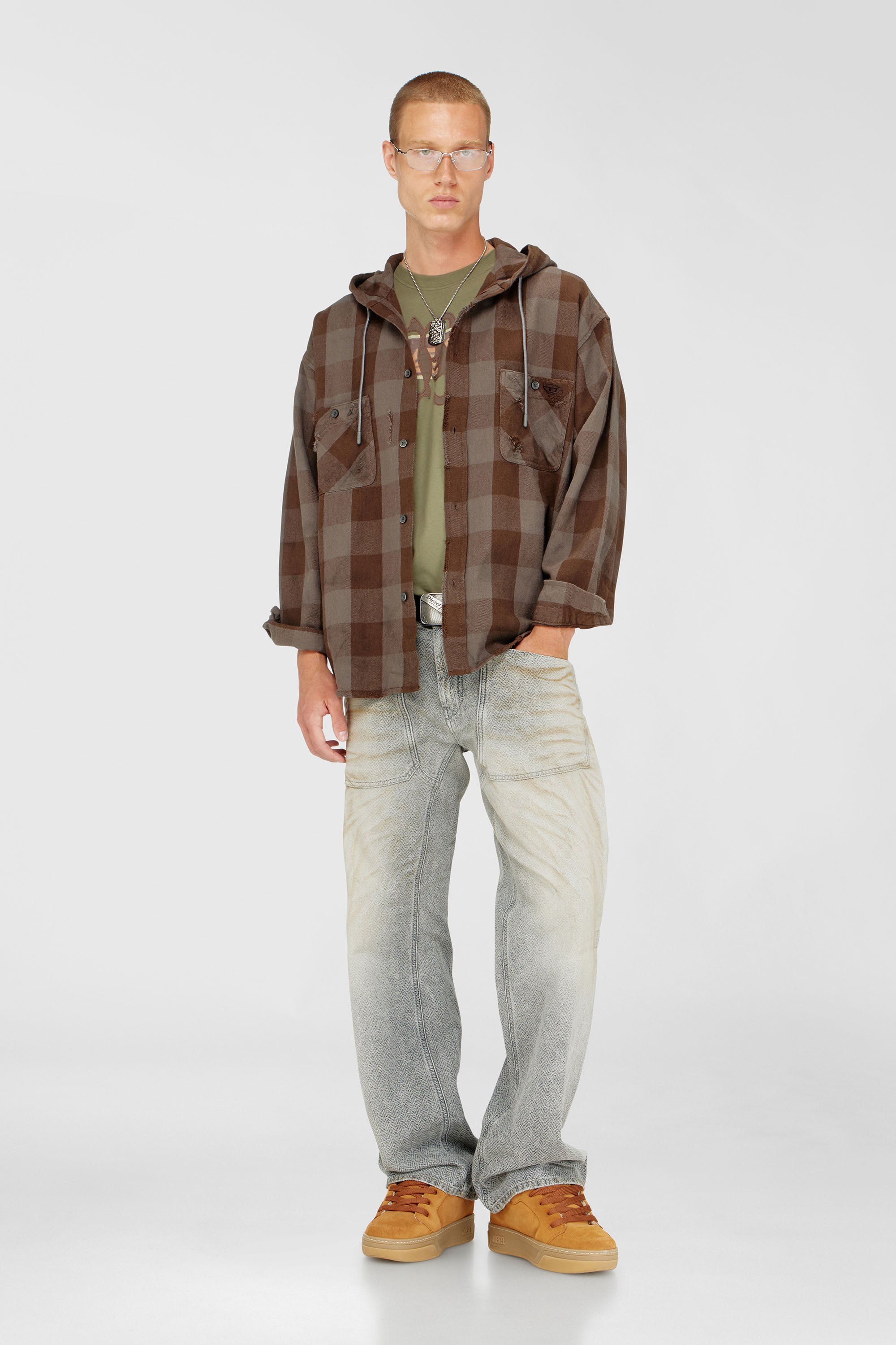 Diesel - S-DRUM-HOODY, Herren Kapuzenshirt aus distressed kariertem Flanell in Braun - 2
