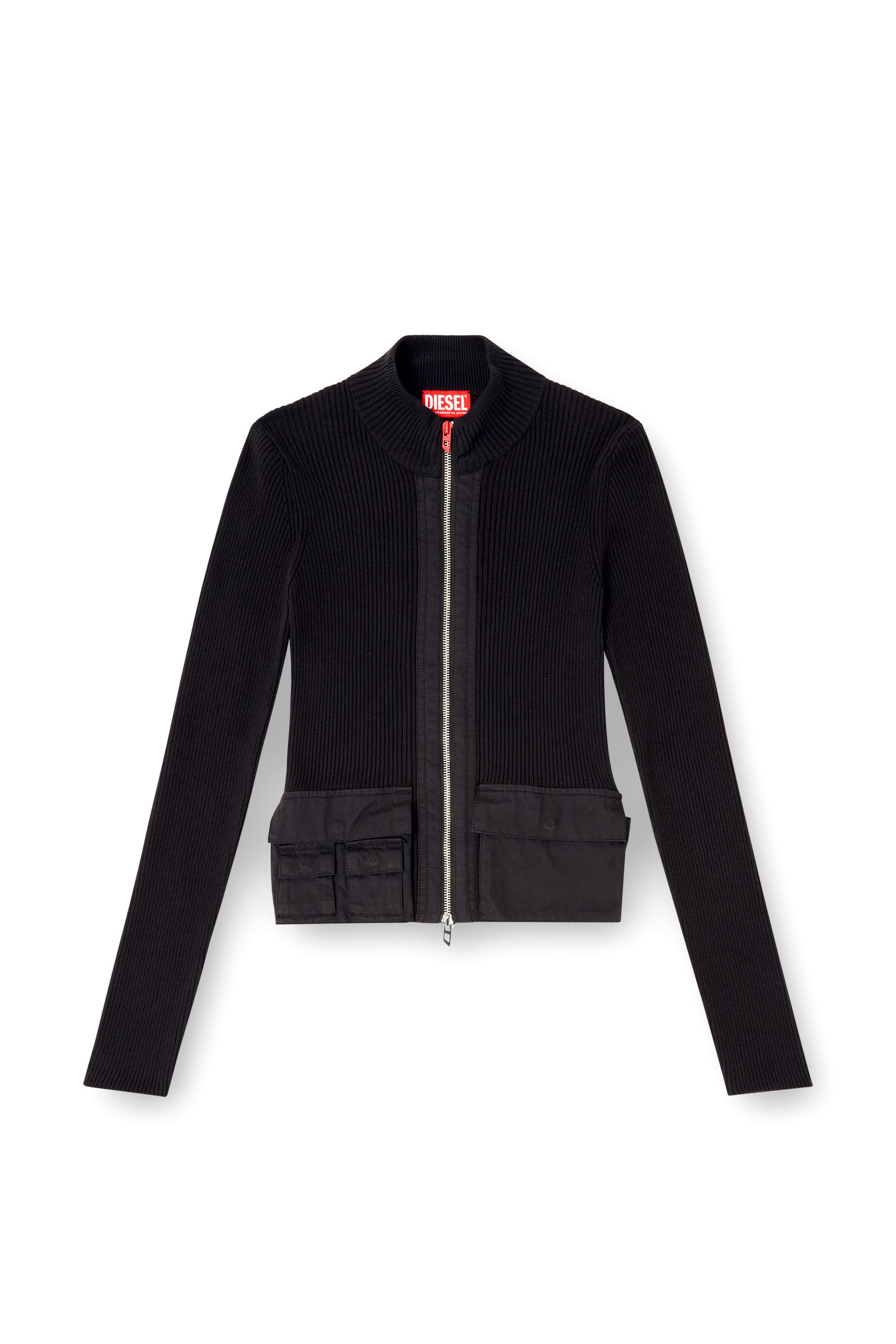 Diesel - M-MELISSA, Damen Geripptes Cardigan mit Cargotaschen in Schwarz - 2