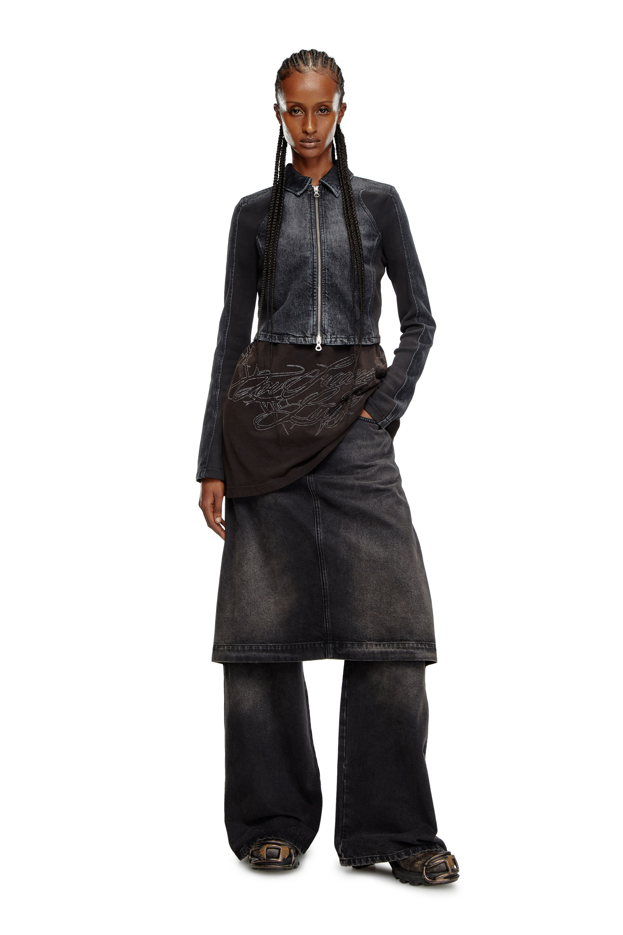 Diesel - DE-SYLEN-S, Damen Kurze Denimjacke mit gerippten Eins&auml;tzen in Schwarz - 1