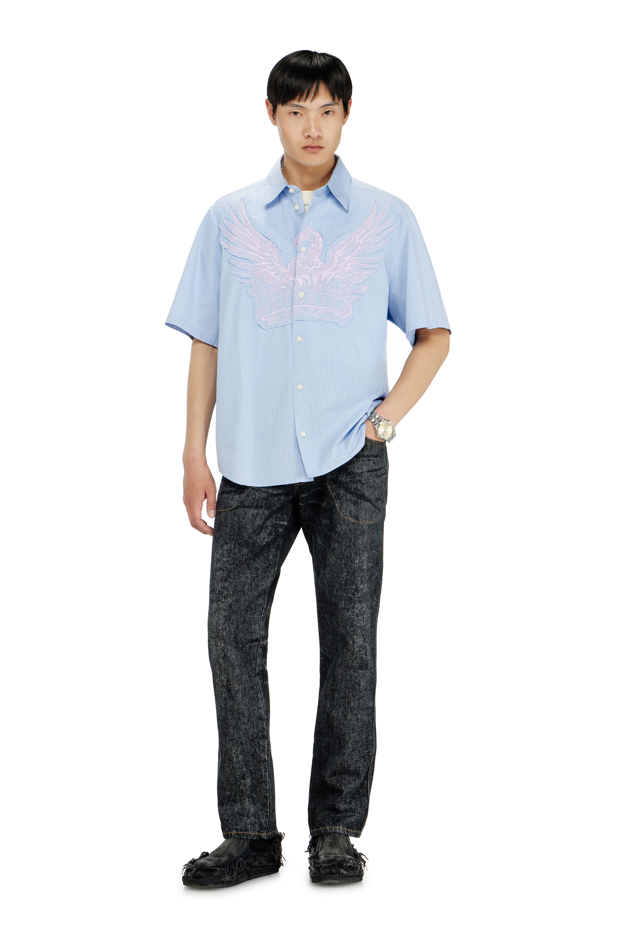 Diesel - S-SIMPLY-SS-AGCZ, Man's Striped poplin shirt with embroidered patch in Light Blue - 2