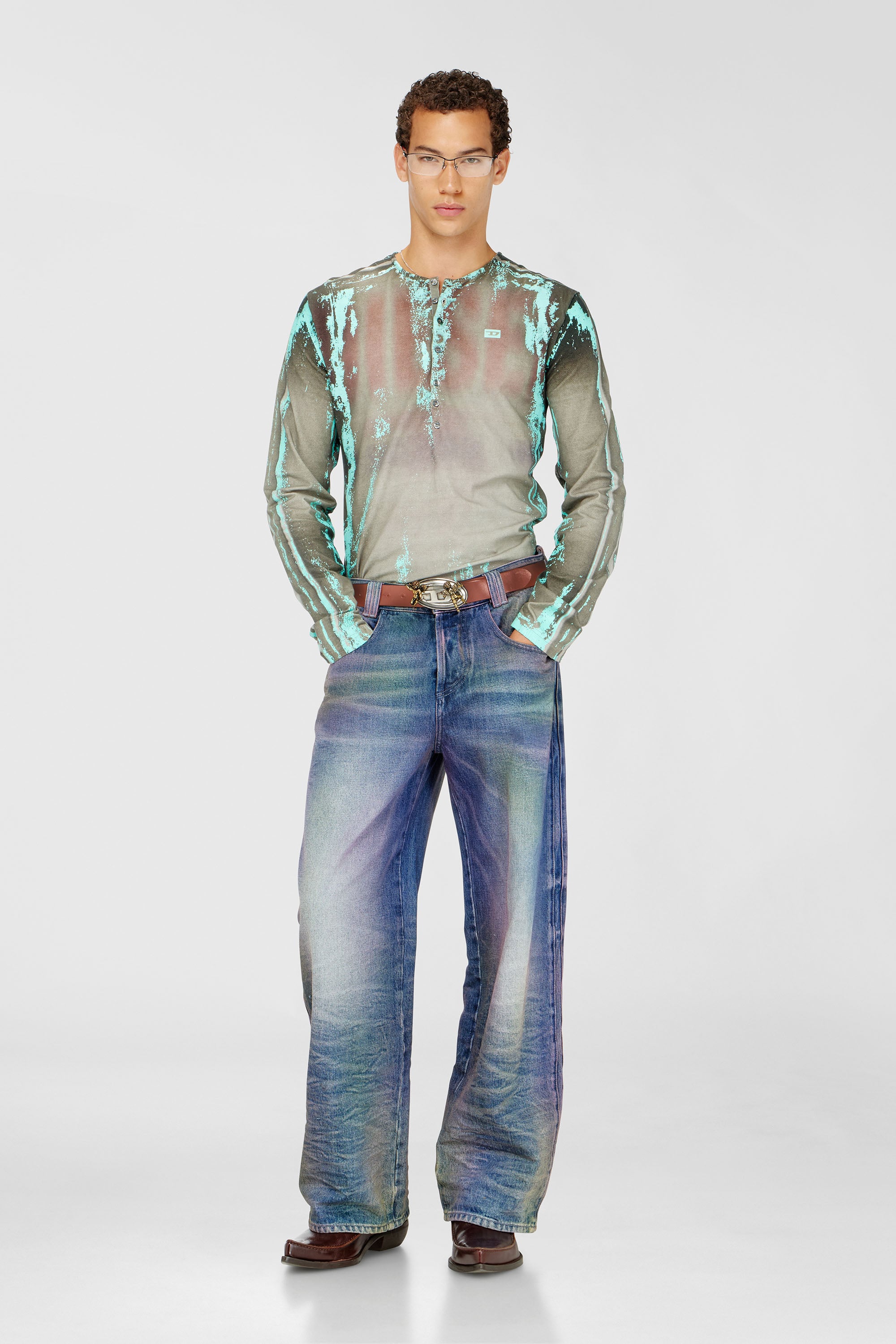 Diesel - T-FYNO-ML, Herren Grandad T-Shirt aus Jersey mit Leder-Crack-Effekt in Grau/Blau - 2