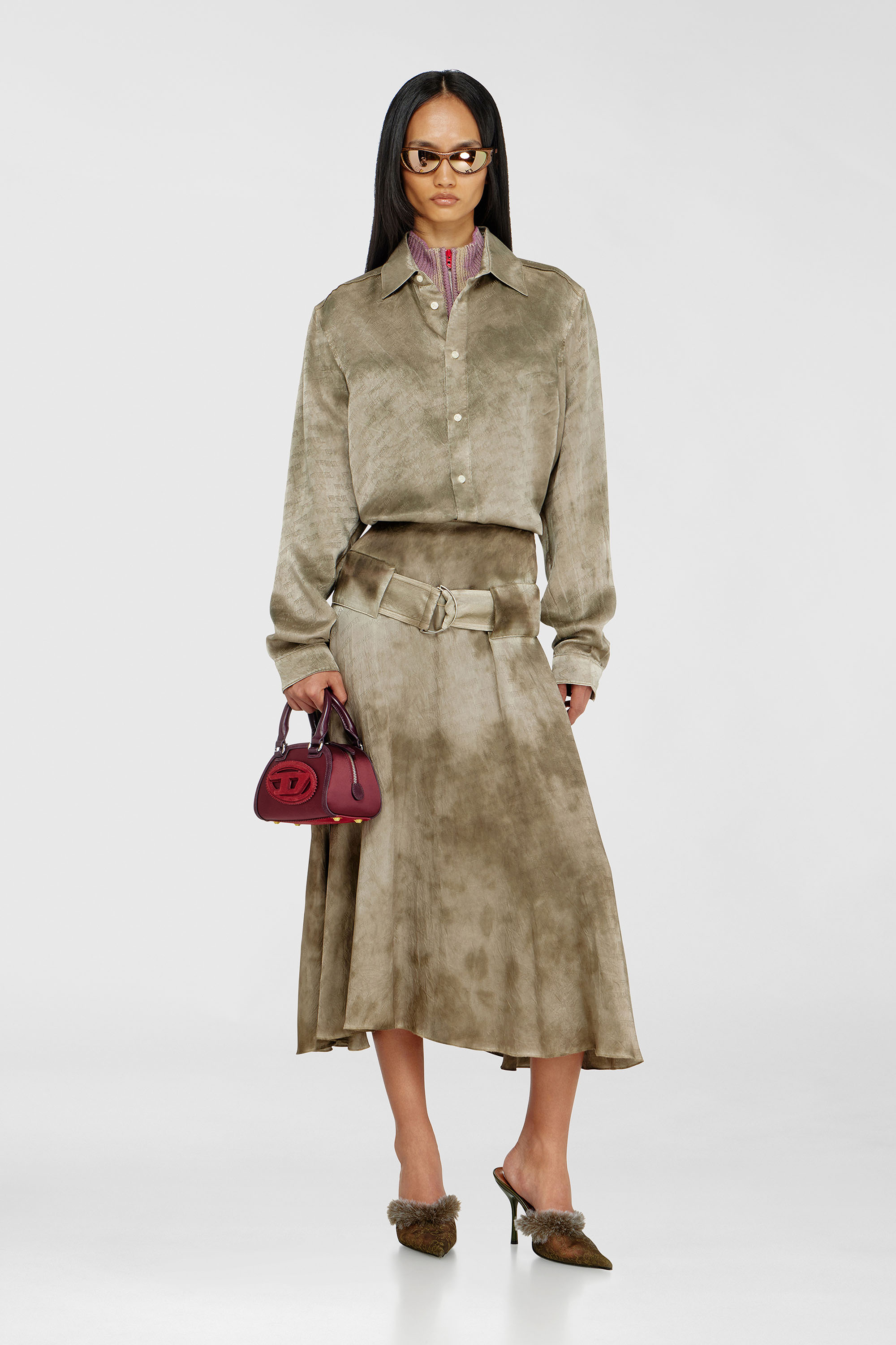 Diesel - O-DYLE, Woman's Belted midi skirt in logo-jacquard satin in Light Brown - 1