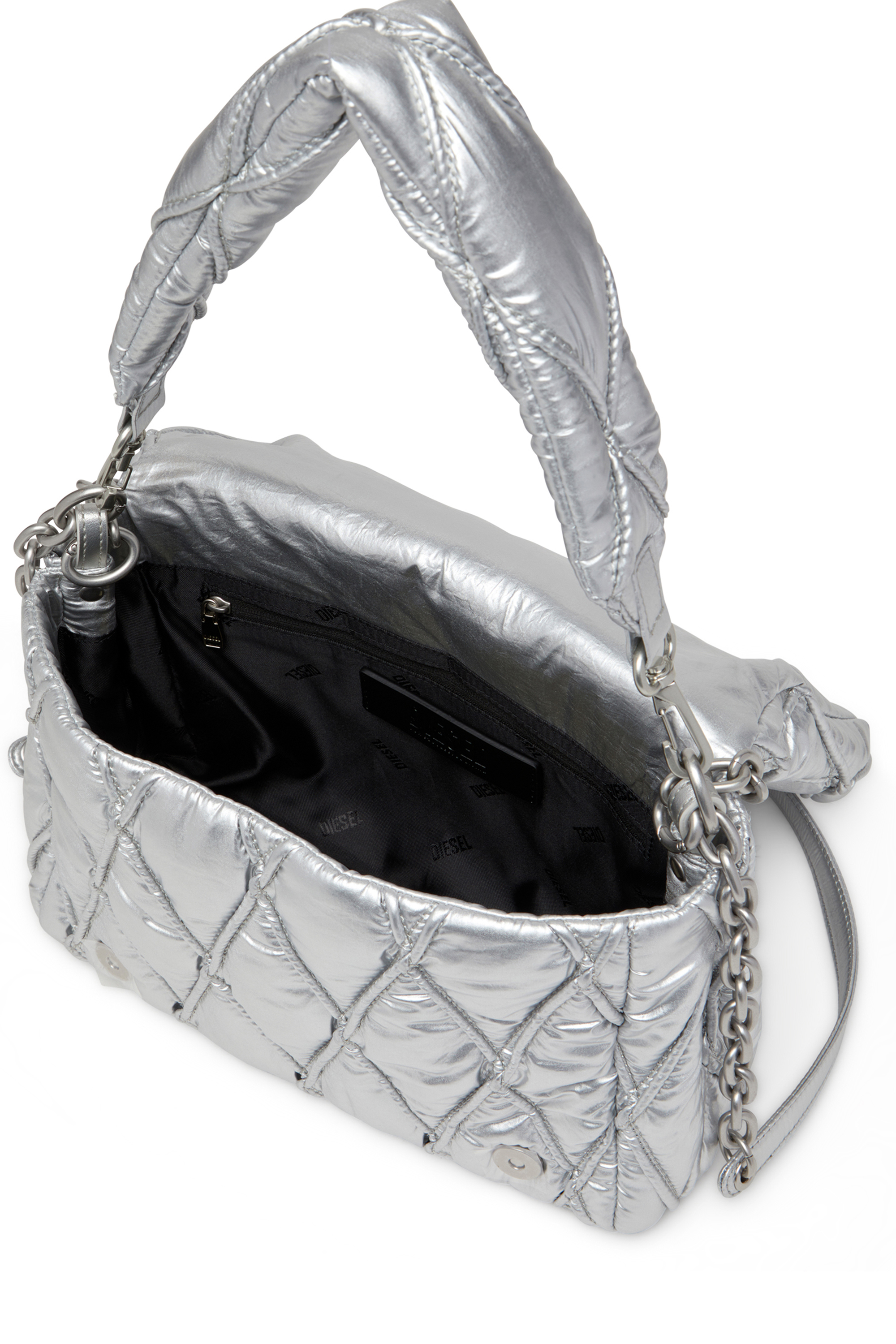 Diesel - CHARM-D SHOULDER M, Damen Charm-D M-Schultertasche aus gestepptem Metallic-Nylon in Silber - 4