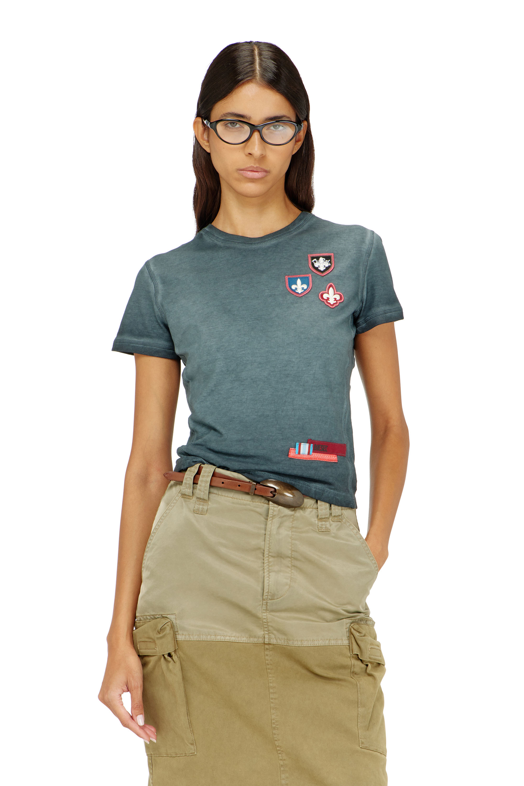 Diesel - T-UNCUTY-WAF, Damen T-Shirt mit Patches und Mikrowaffel-Seiten in Blau - 1