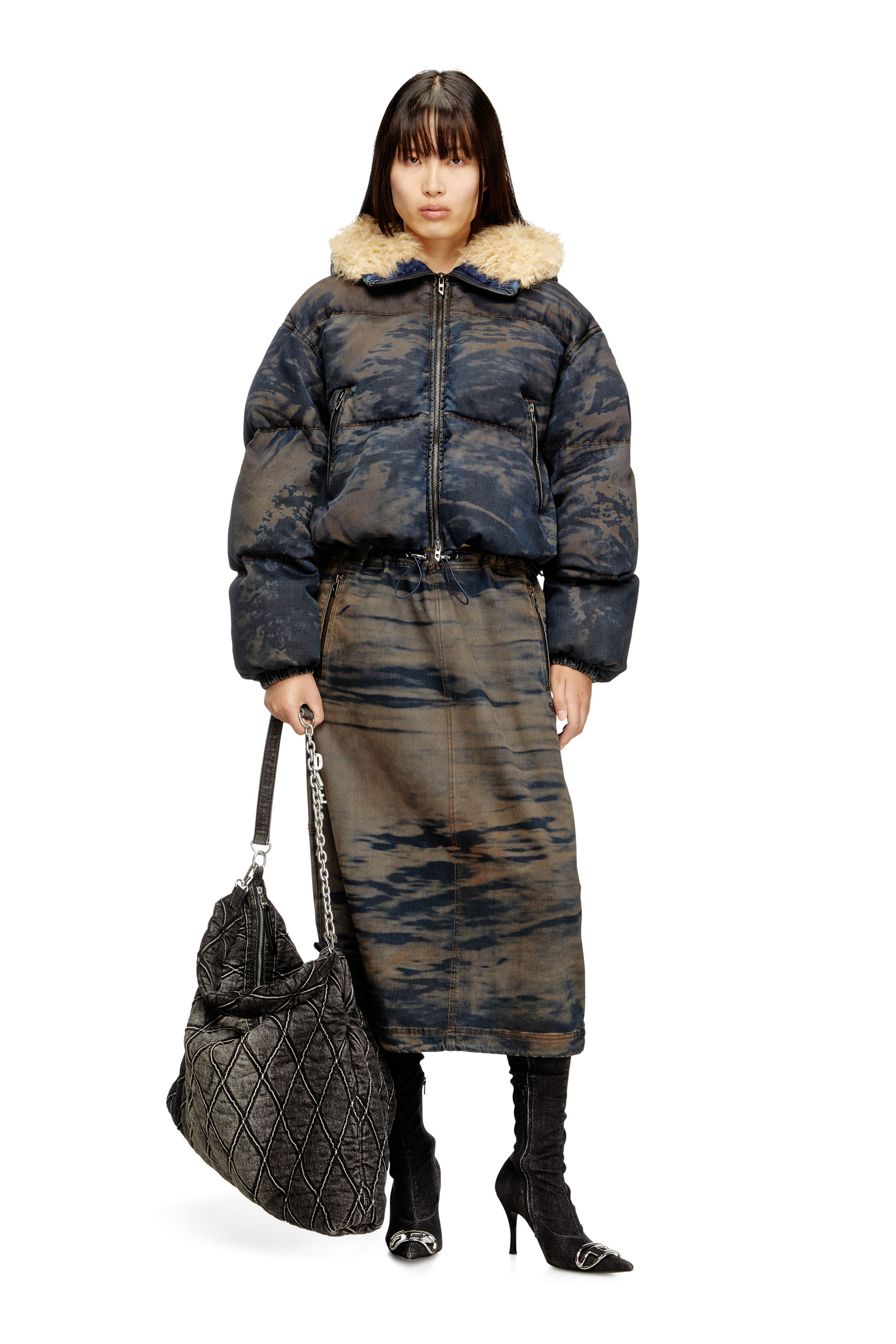 O-MIRTOW-DEN, Black/Brown Diesel - O-MIRTOW-DEN, Woman's Midi denim skirt with drawstring in Black/Brown - 1