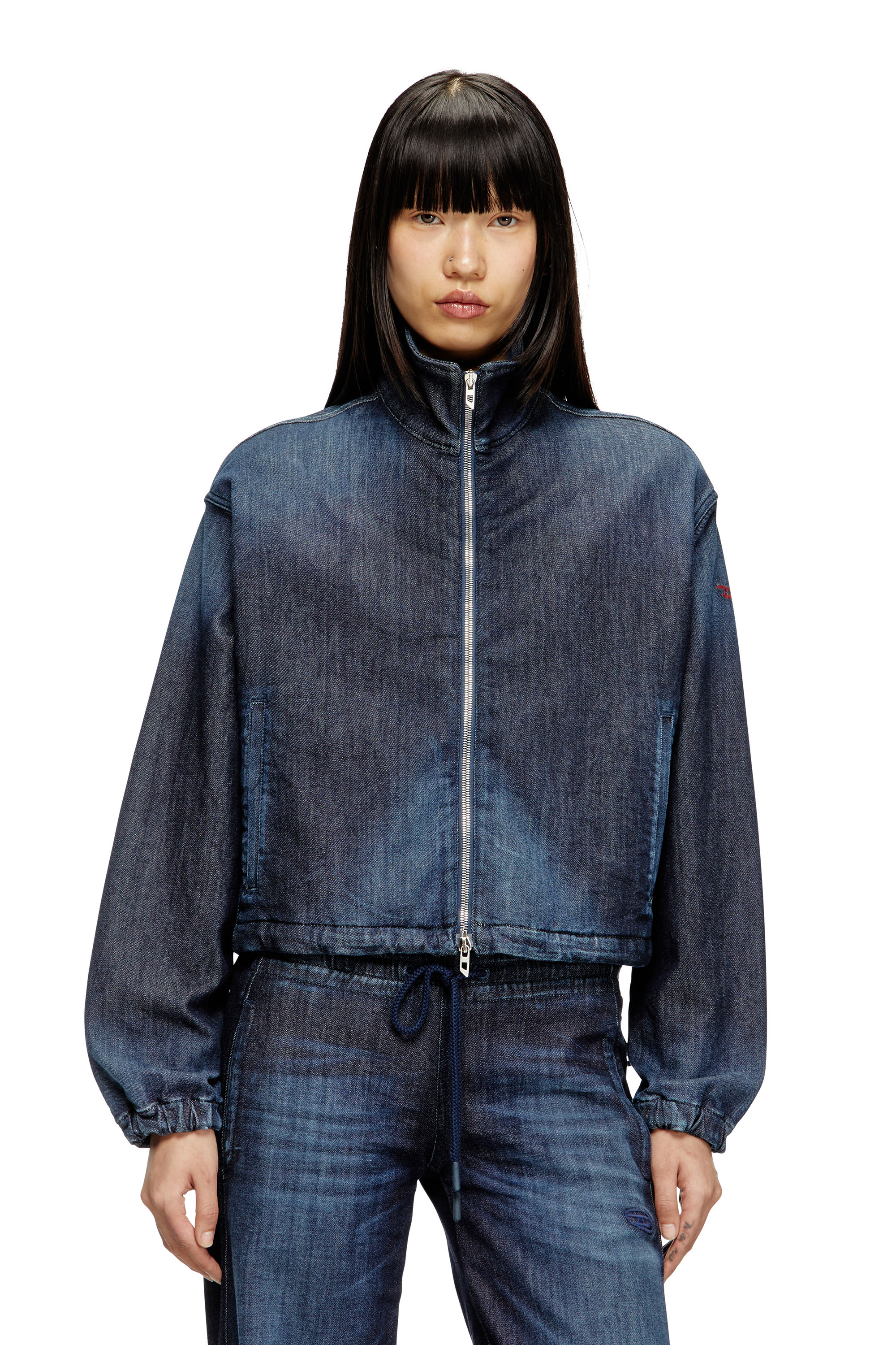 Diesel - DE-SANDERZ JOGG, Damen Jacke aus JoggJeans mit hohem Kragen in Dunkelblau - 1