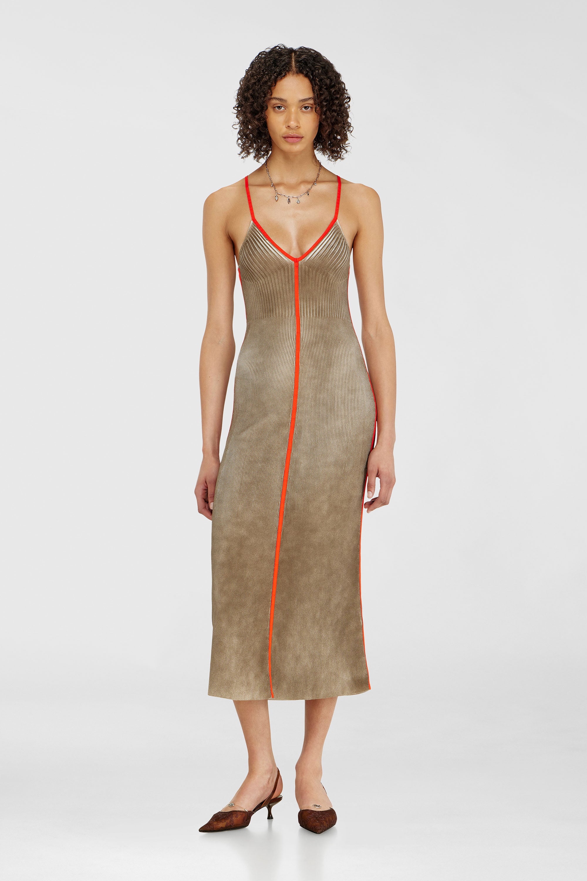 Diesel - M-SARMELA, Damen Rippenstrick-Midikleid mit kontrastierenden B&auml;ndern in Rot/Braun - 1