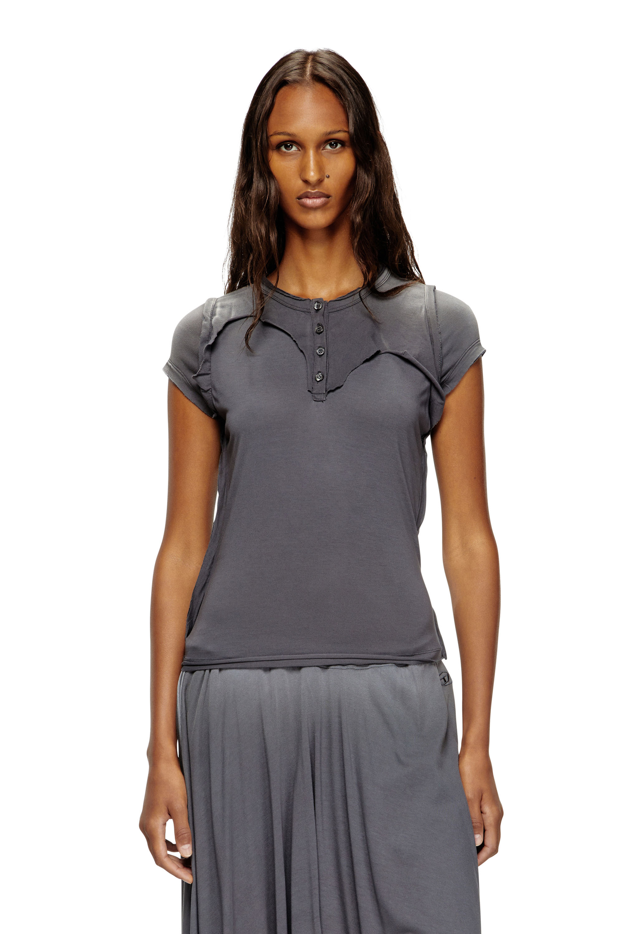 Diesel - T-UNRAWY, Damen Henley-T-Shirt mit Peel-Off-Effekt in Grau - 1