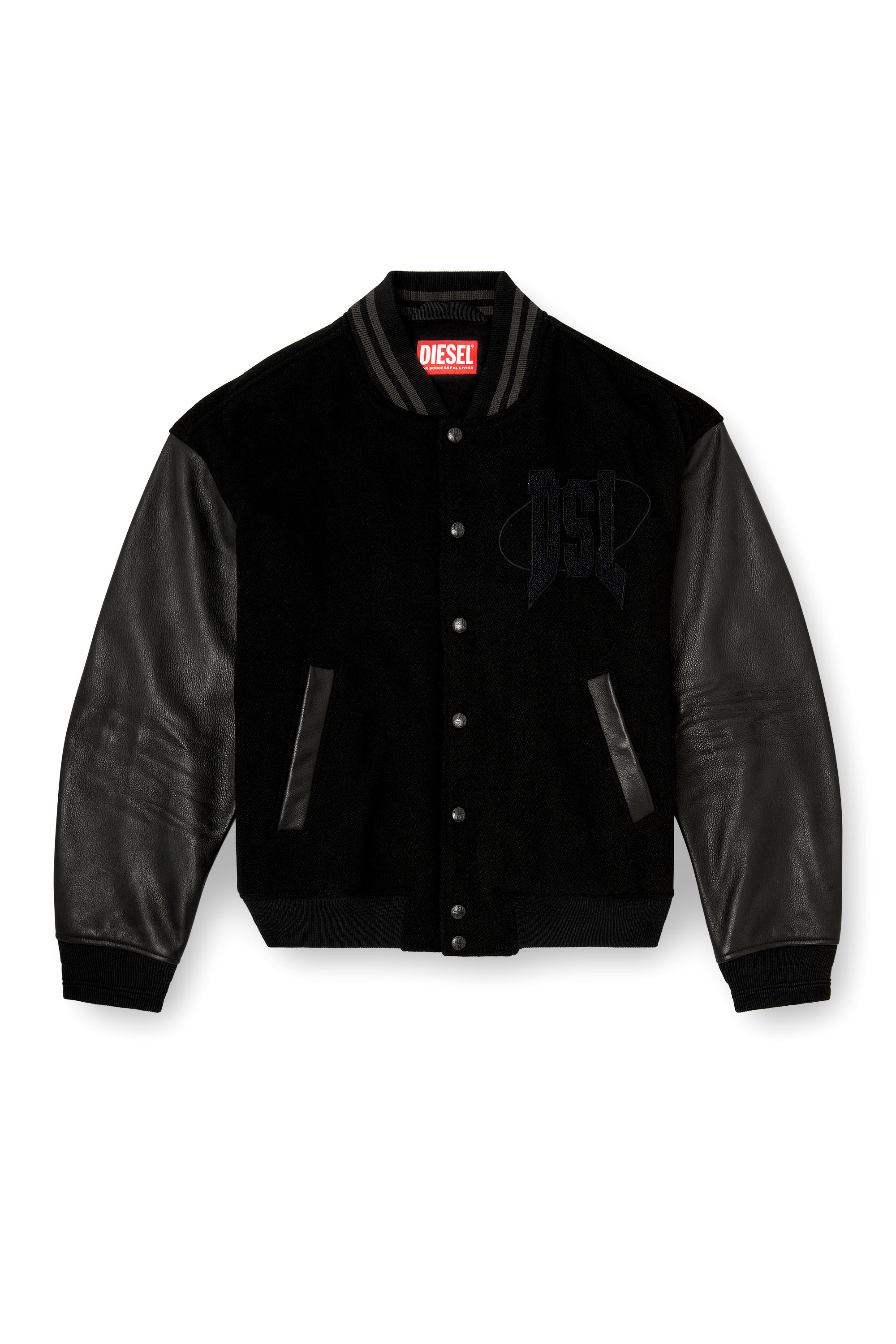 Diesel - L-NYMAN, Herren Varsity-Bomberjacke aus Baumwolle und Leder in Schwarz - 3