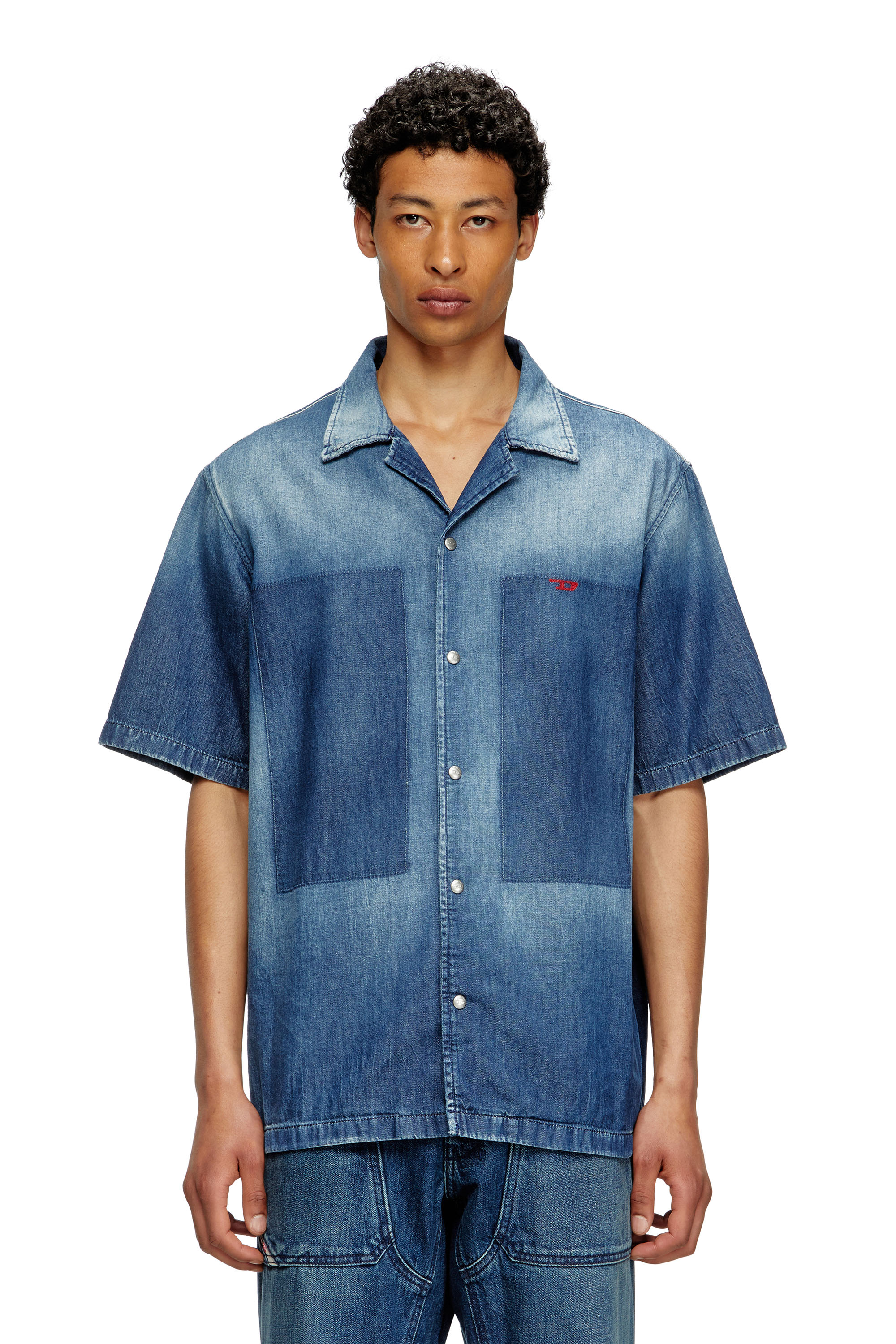 Diesel - D-NABIL-D, Herren Bowling-Hemd in Kontrast-Effekt-Denim in Mittelblau - 1