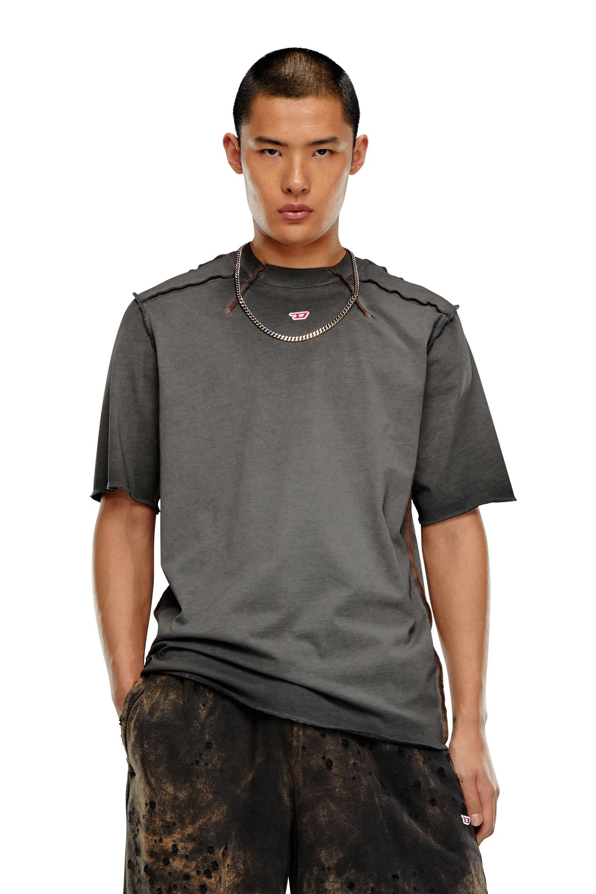 Diesel - T-ERIE-N, Man T-shirt with micro-waffle shoulders in Grey - Image 1