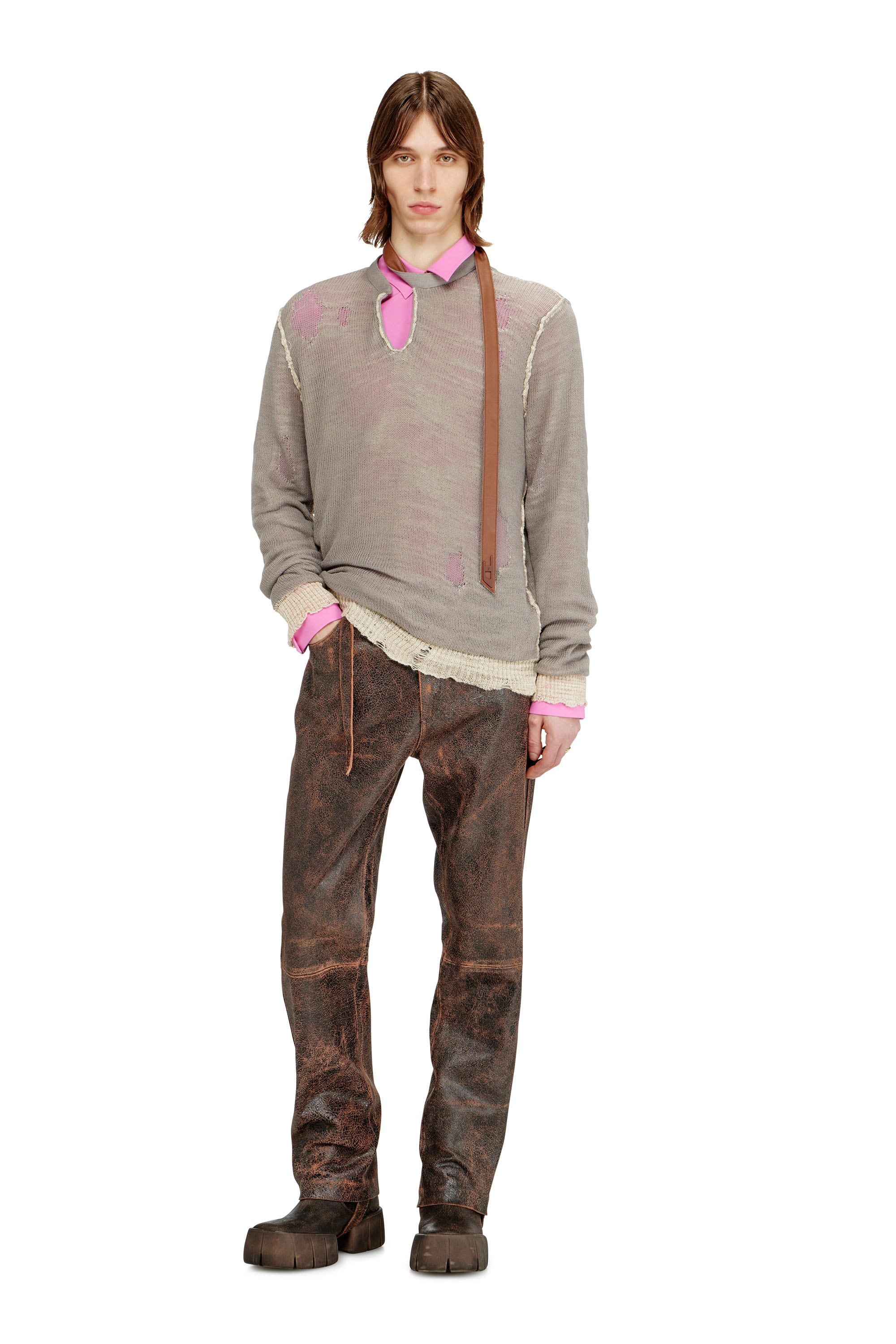 Diesel - K-DAIANERIS, Herren Pullover im Used-Look mit Biker-Halsband in Braun - 2