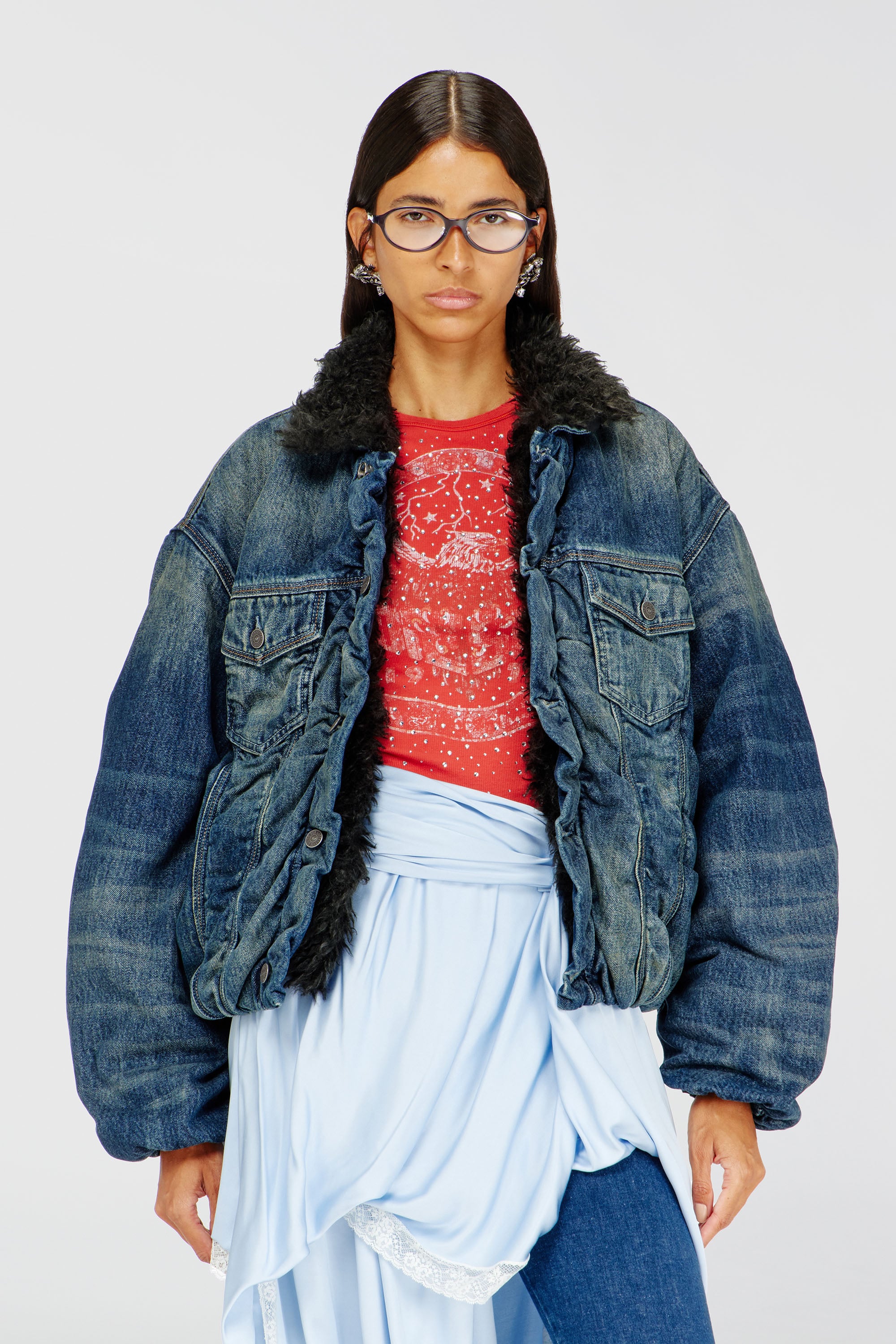 Diesel - D-CURLY-FSJ1, Unisex Truckerjacke aus Denim mit Teddyfutter in Dunkelblau - 1