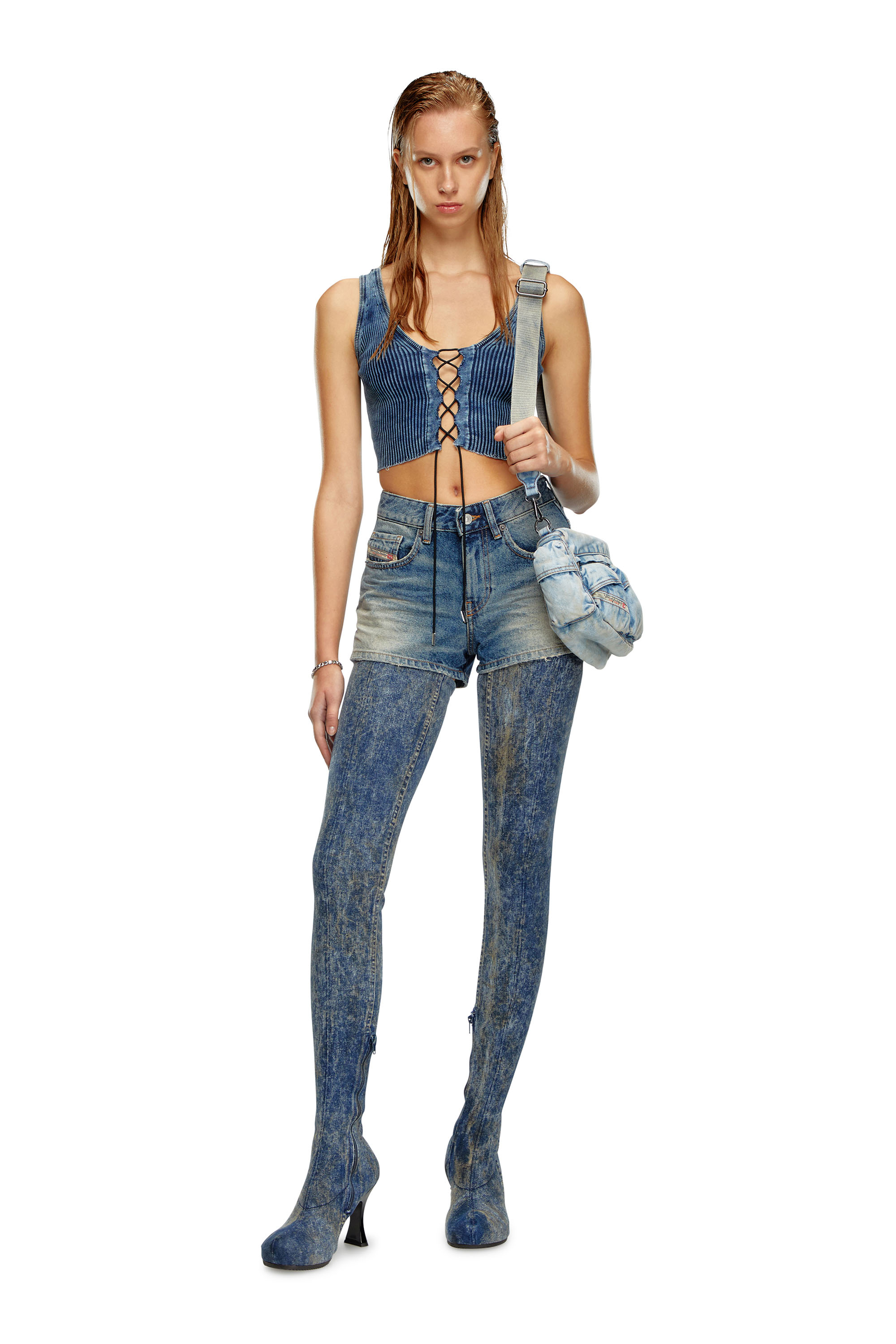 Diesel - M-ADONE, Woman Cropped lace-up tank top in indigo knit in Blue - Image 2