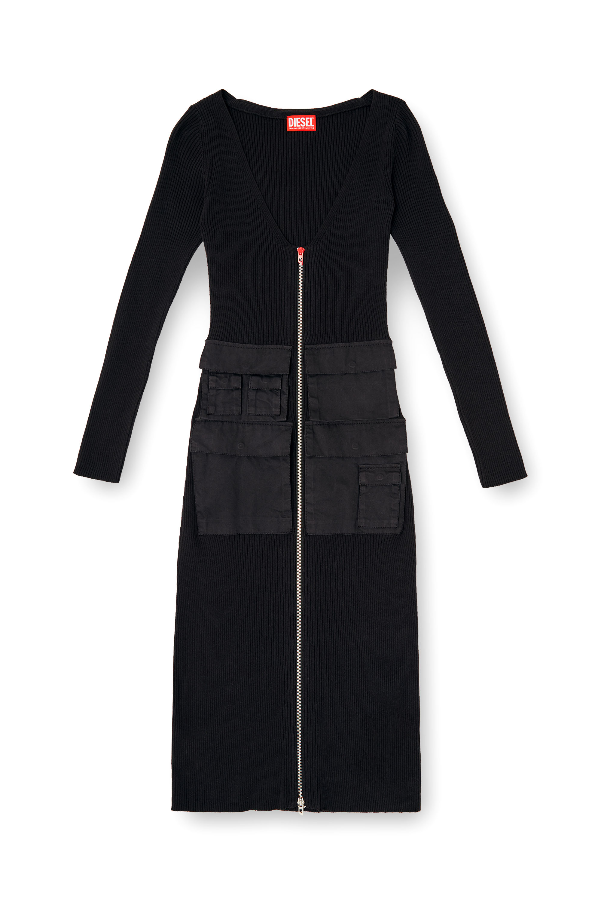 Diesel - M-MELTI-LS, Damen Geripptes Midikleid mit Cargotaschen in null - 3