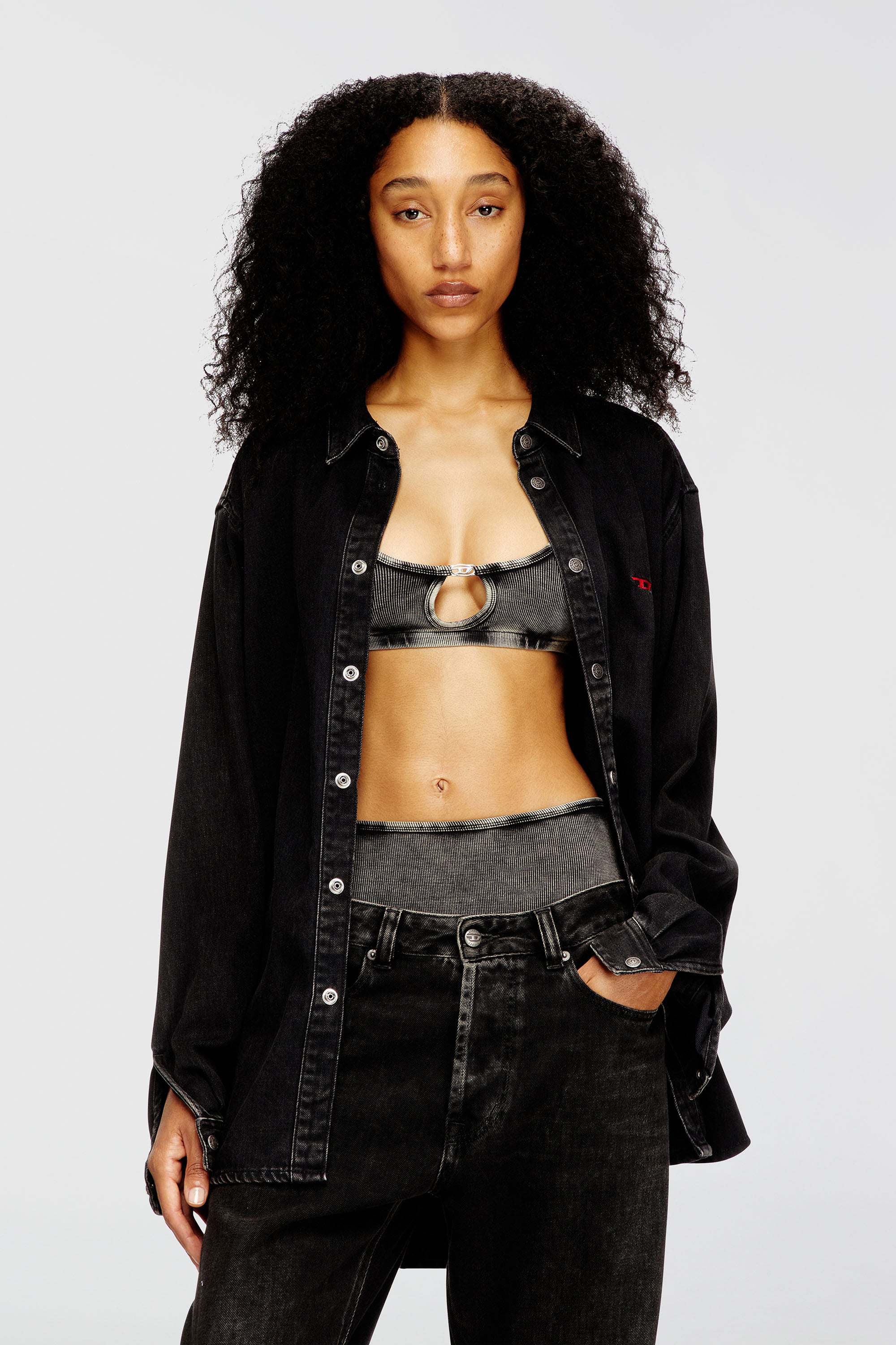 Diesel - FLORENCE-DNM, Damen Bralette aus gerippter Baumwolle mit ovalem Schmuck-D in Grau - 1