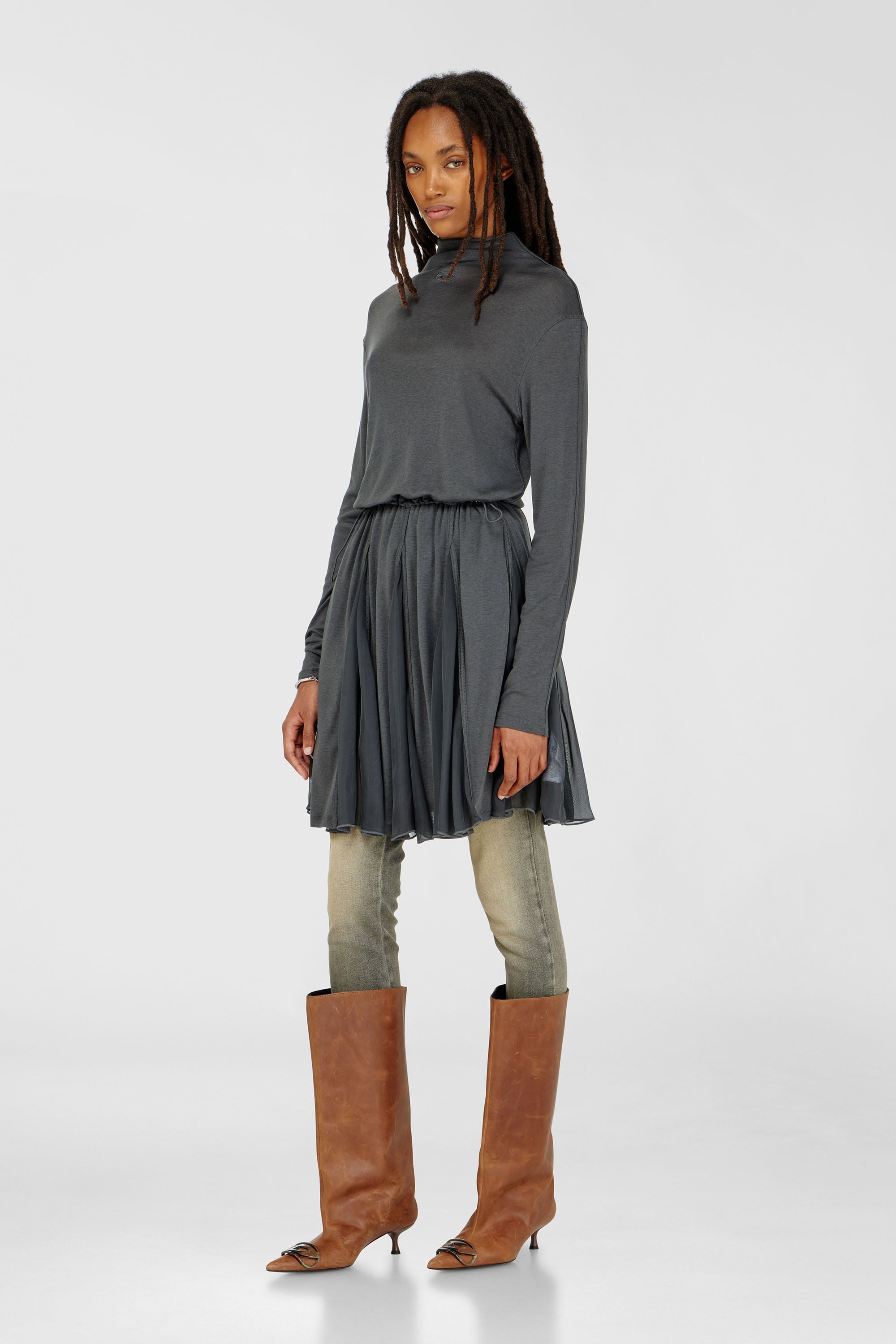 Diesel - D-REI, Damen Rollkragen-Minikleid aus Jersey und Chiffon in Grau - 1