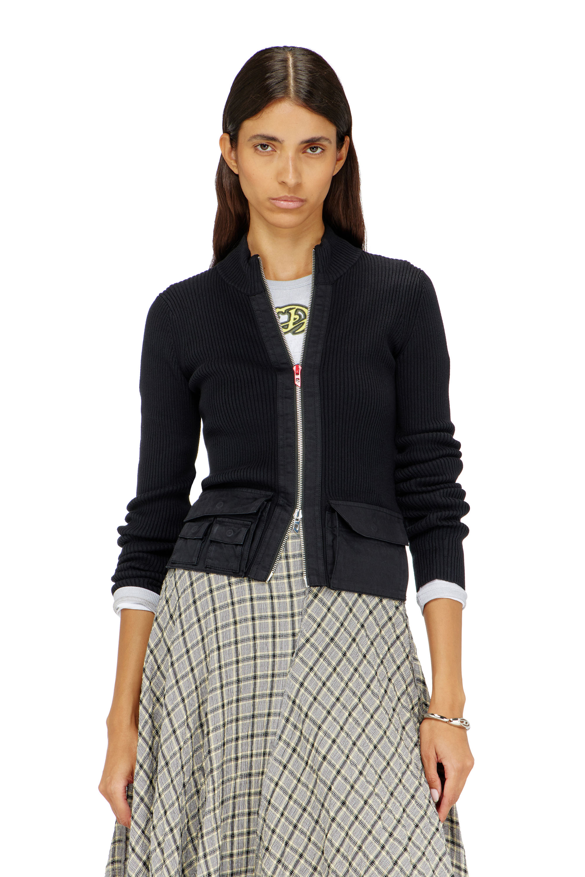 Diesel - M-MELISSA, Damen Geripptes Cardigan mit Cargotaschen in Schwarz - 3