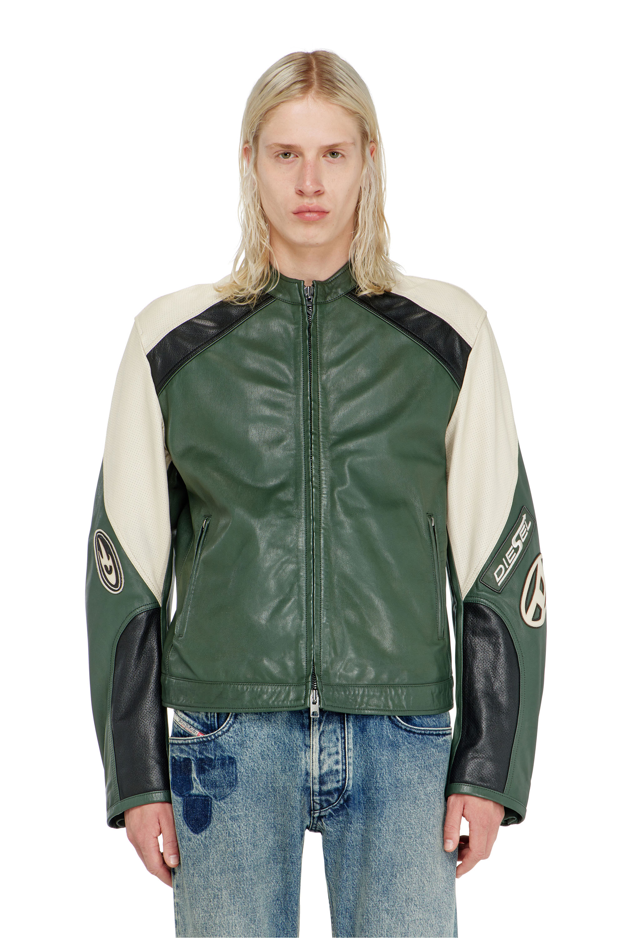 Diesel - L-AHTI, Man's Biker jacket in colour-block perforated leather in null - 5