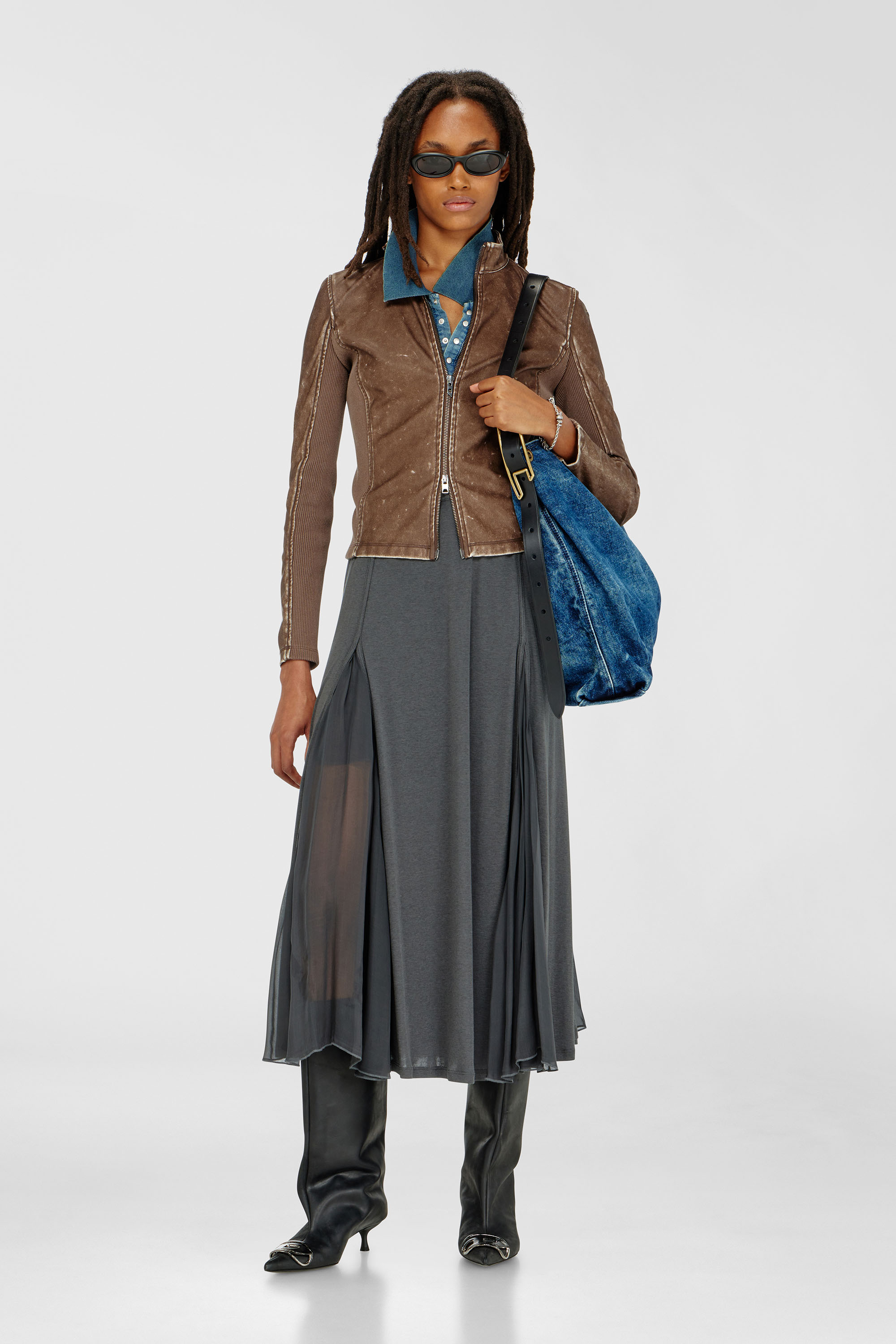 Diesel - O-LONGREI, Woman's Midi skirt in ribbed jersey and chiffon in Grey - 1