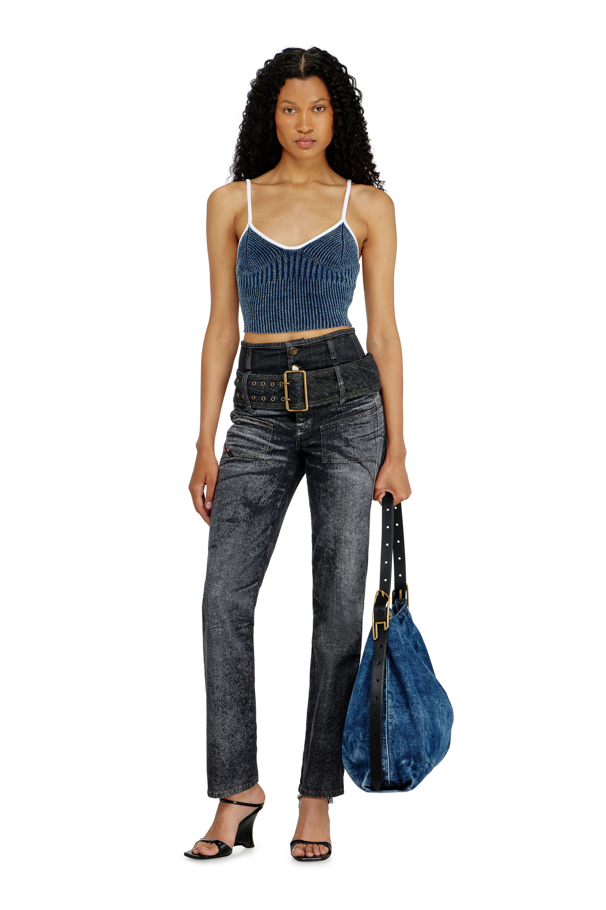 Diesel - M-ESTERE, Damen Crop-Top aus indigo boucl&eacute; Rippstrick in Blau/Weiss - 2