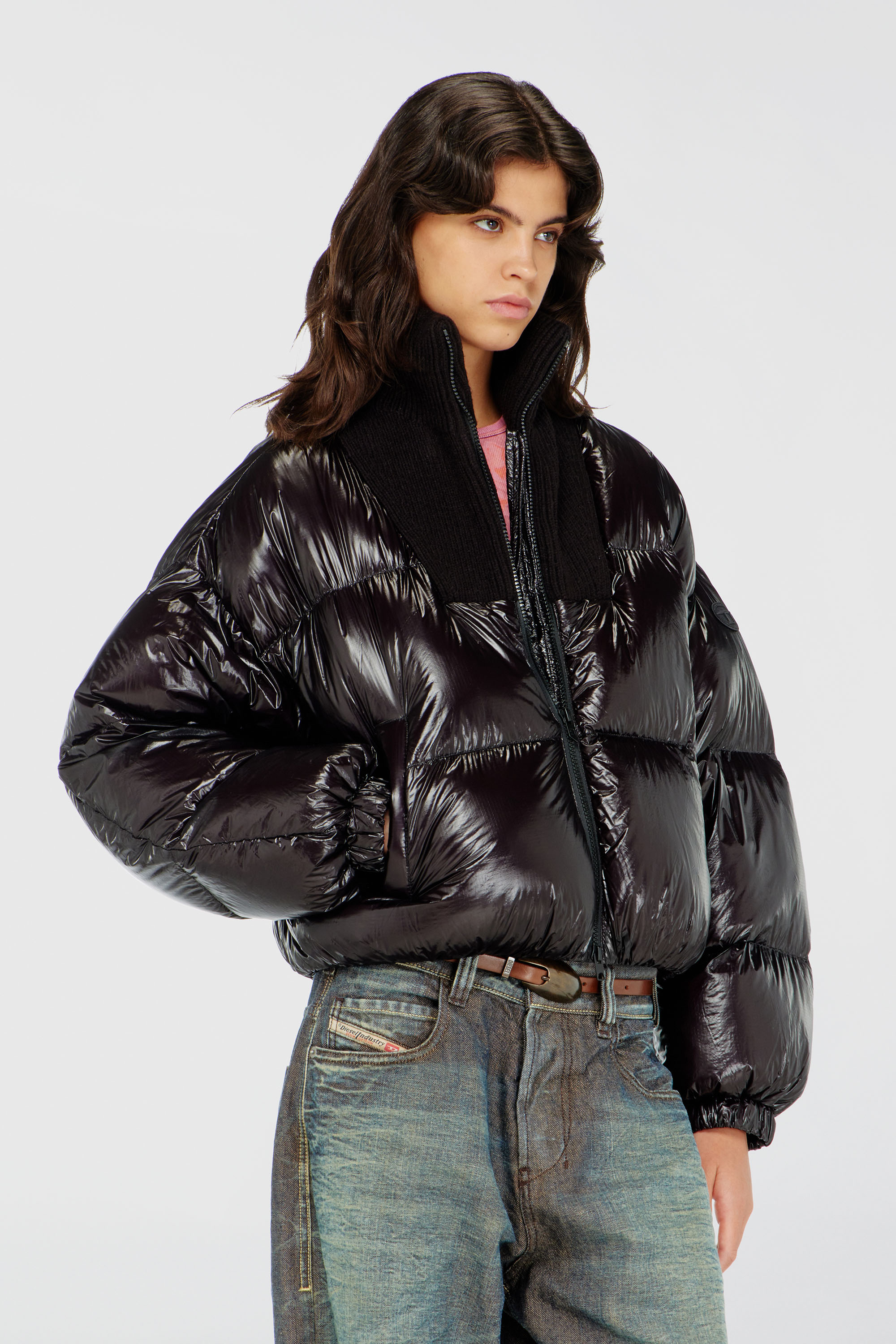 Diesel - W-ARRIOR, Woman's Down puffer jacket in ripstop with knitted collar in Black - 1