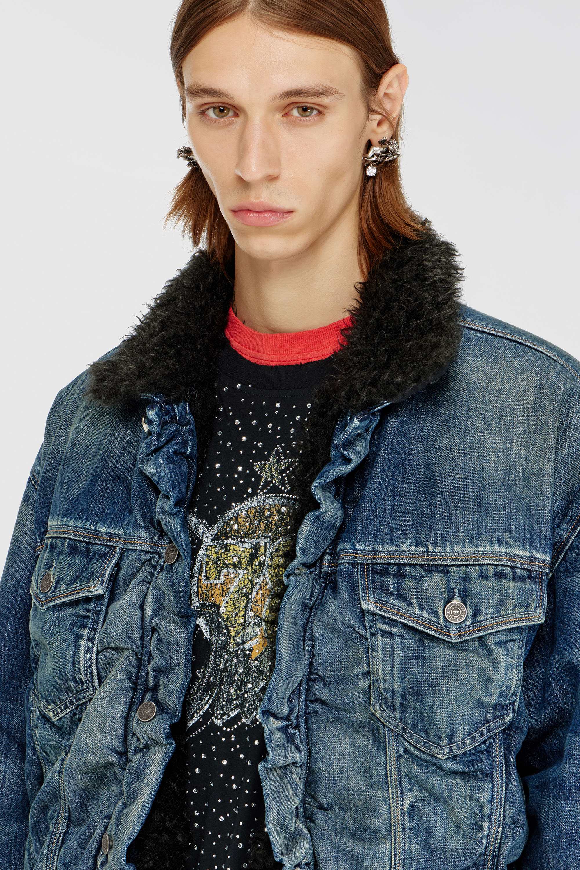 Diesel - D-CURLY-FSJ1, Unisex Truckerjacke aus Denim mit Teddyfutter in Dunkelblau - 5