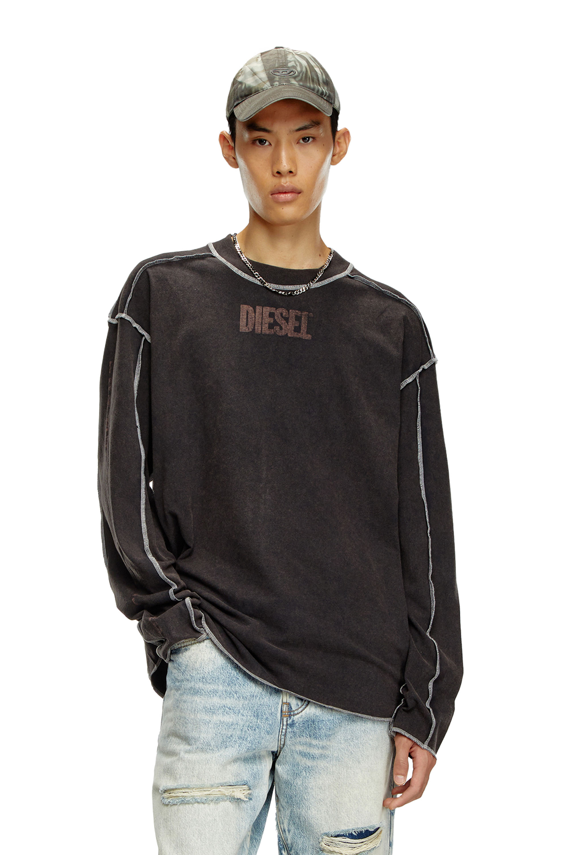 Diesel - T-CRAOR-LS, Herren Langarm-T-Shirt mit Inside-Out-Effekt in Dunkelgrau - 1