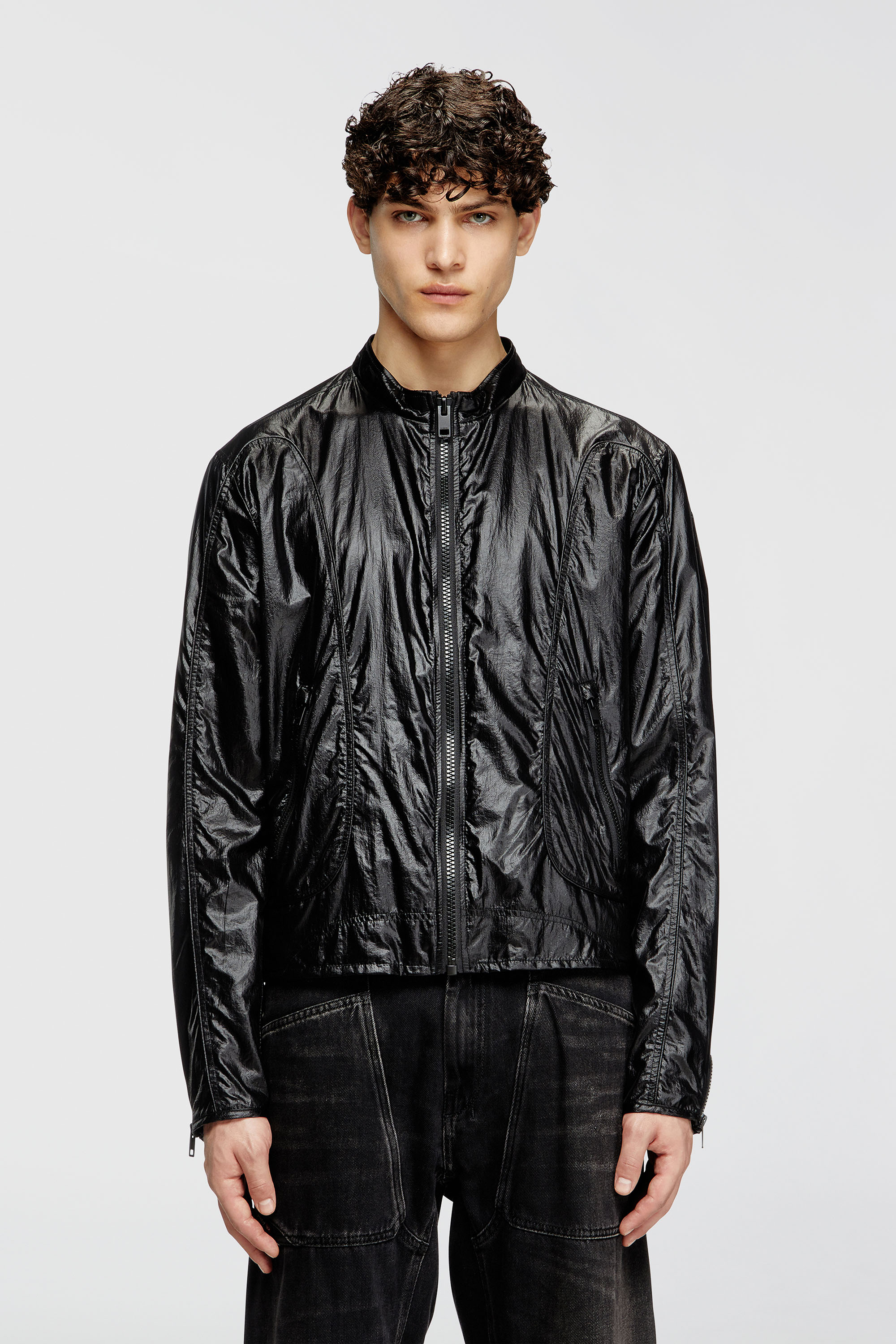 Diesel - J-CLAYS, Herren Biker-Jacke aus gl&auml;nzendem Ripstop in Schwarz - 1