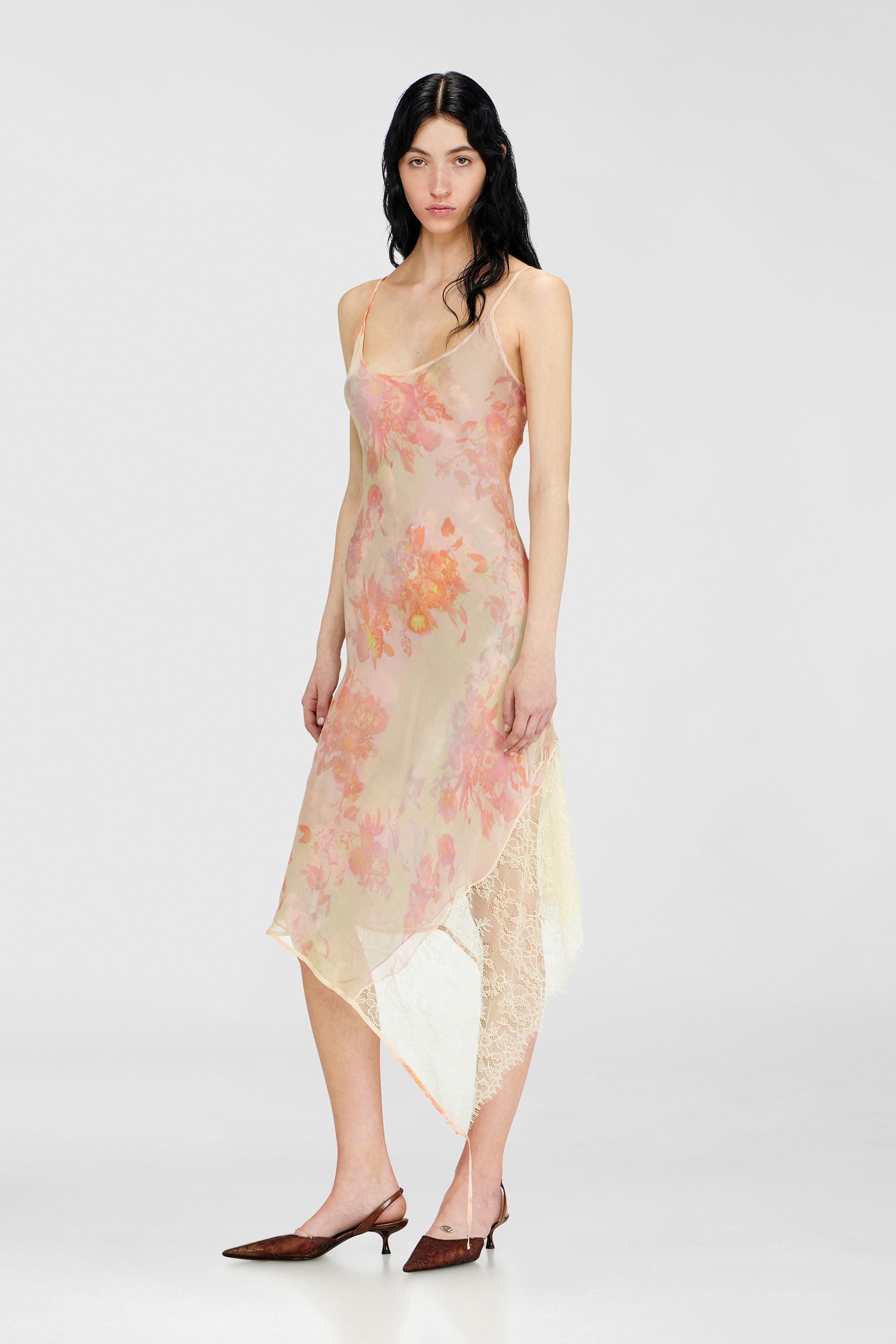 Diesel - D-ANCEL, Damen Midikleid aus Satin mit Blumenmuster und Spitzenbesatz in Rosa/Gelb - 1