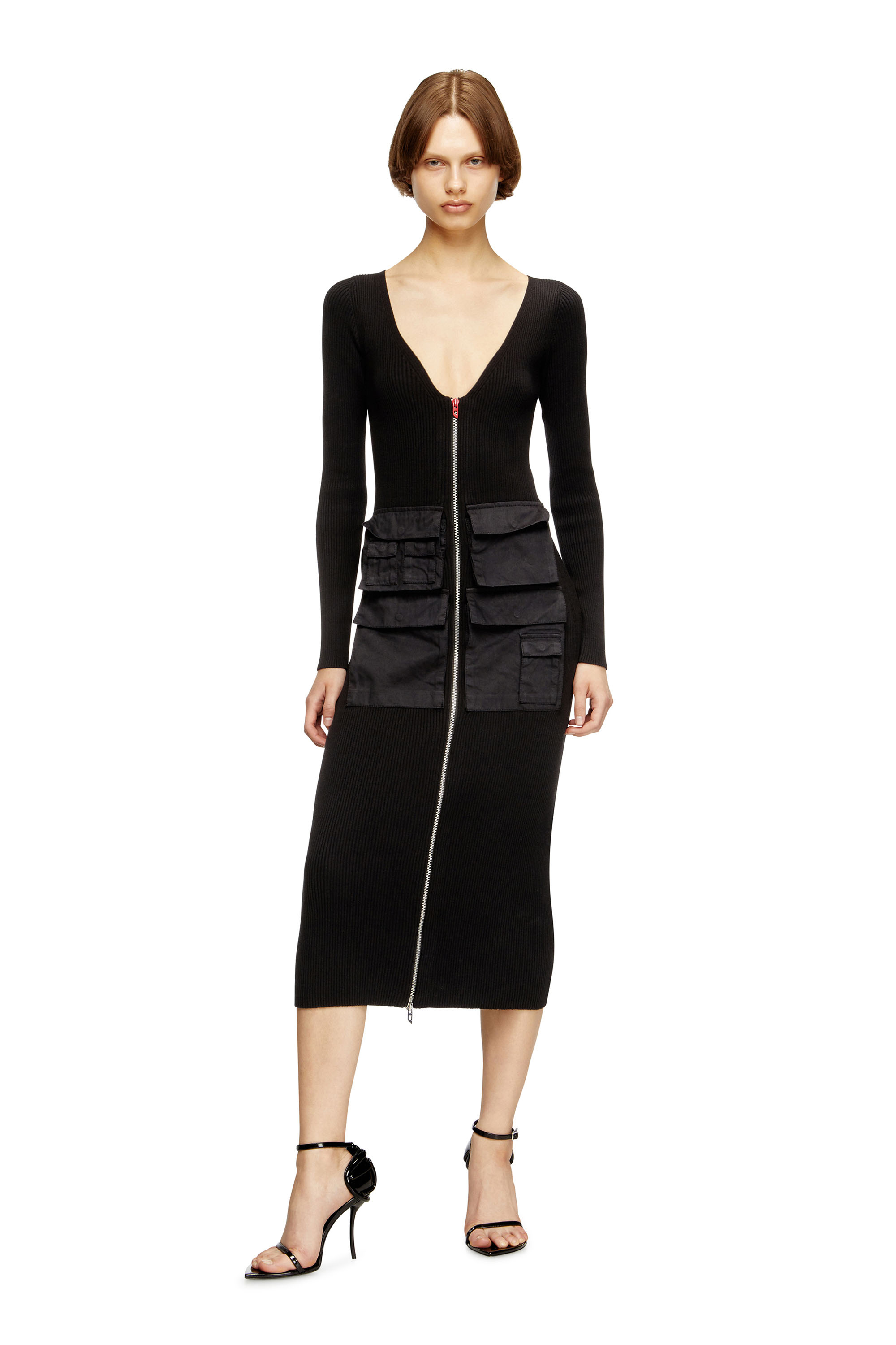 Diesel - M-MELTI-LS, Damen Geripptes Midikleid mit Cargotaschen in null - 2